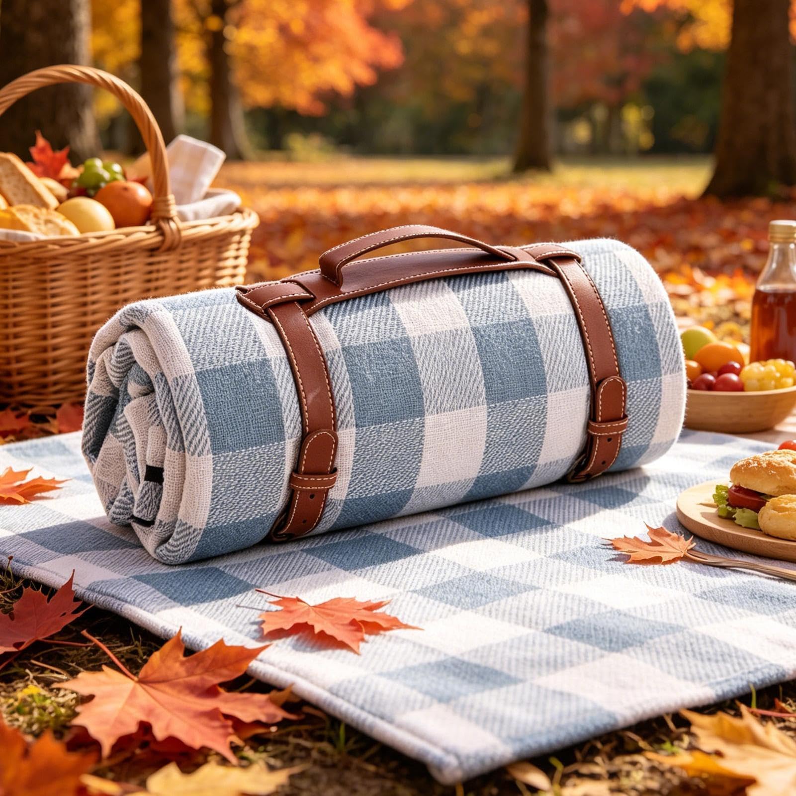 Coperta da picnic impermeabile pieghevole – 203,2 x 152,4 cm con cinturino in pelle PU lavabile, pieghevole, per picnic, campeggio, feste, spiaggia, patio, prato, giardino, erba all'aperto