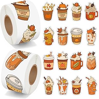 Haooryx Fall Coffee Sticker Rolls - 1000p Autumn Pumpkin Spice Latte Cof...