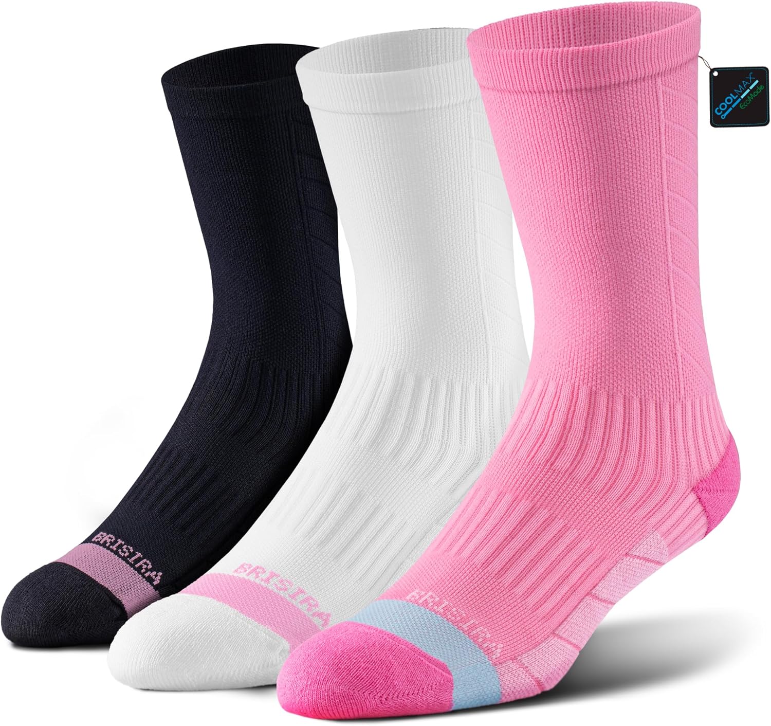 BRISIRA Coolmax Bamboo Viscose Compression Running Crew Socks Women Moisture-Wicking Anti-Blister Cooling Athletic Mid Calf