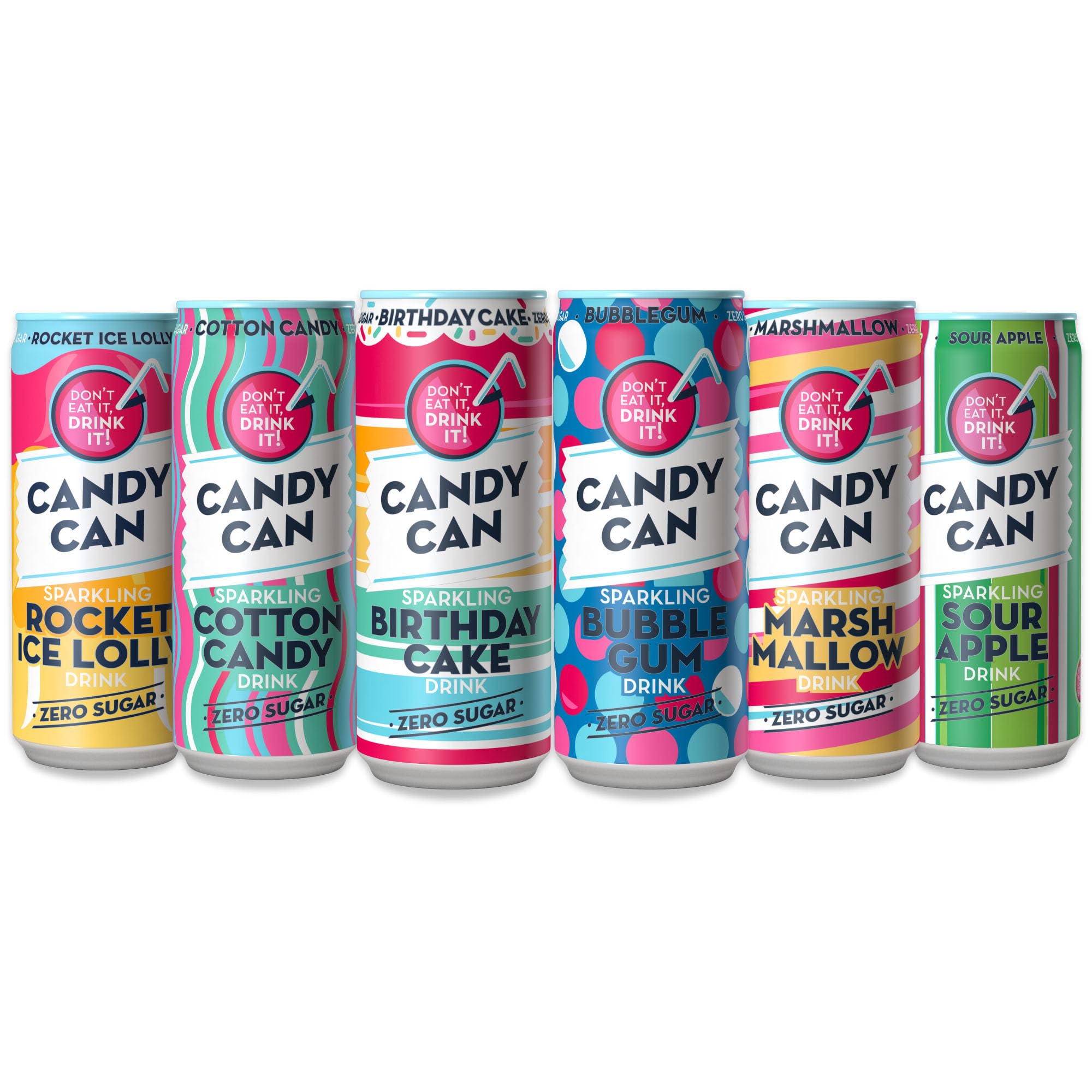 Candy Can,Variety Pack - Cotton Candy, Bubblegum,Marshmallow,Sour Apple, Rocket Ice Lolly,Birthday Cake - Fizzy Drink, Nostalgic American Soda Flavours, Sugar Free, Sparkling Pop Single Can 6 x 330ml