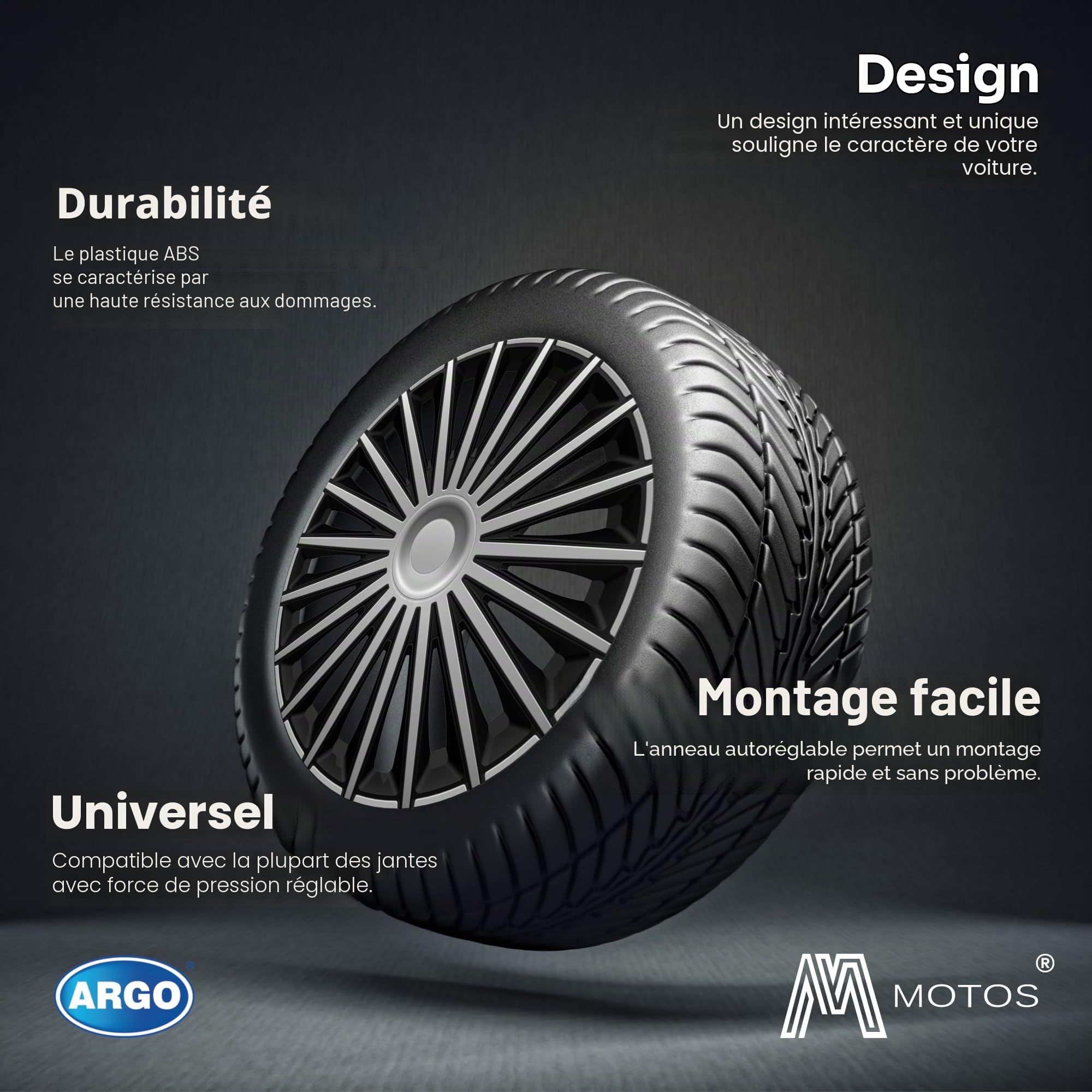 M MOTOS Enjoliveurs 16 Pouces - 4 Pièces Souples et Légers, Facile à Installer, Protection Contre la Décoloration, Noir et Argent, Acrylonitrile Butadiène Styrène