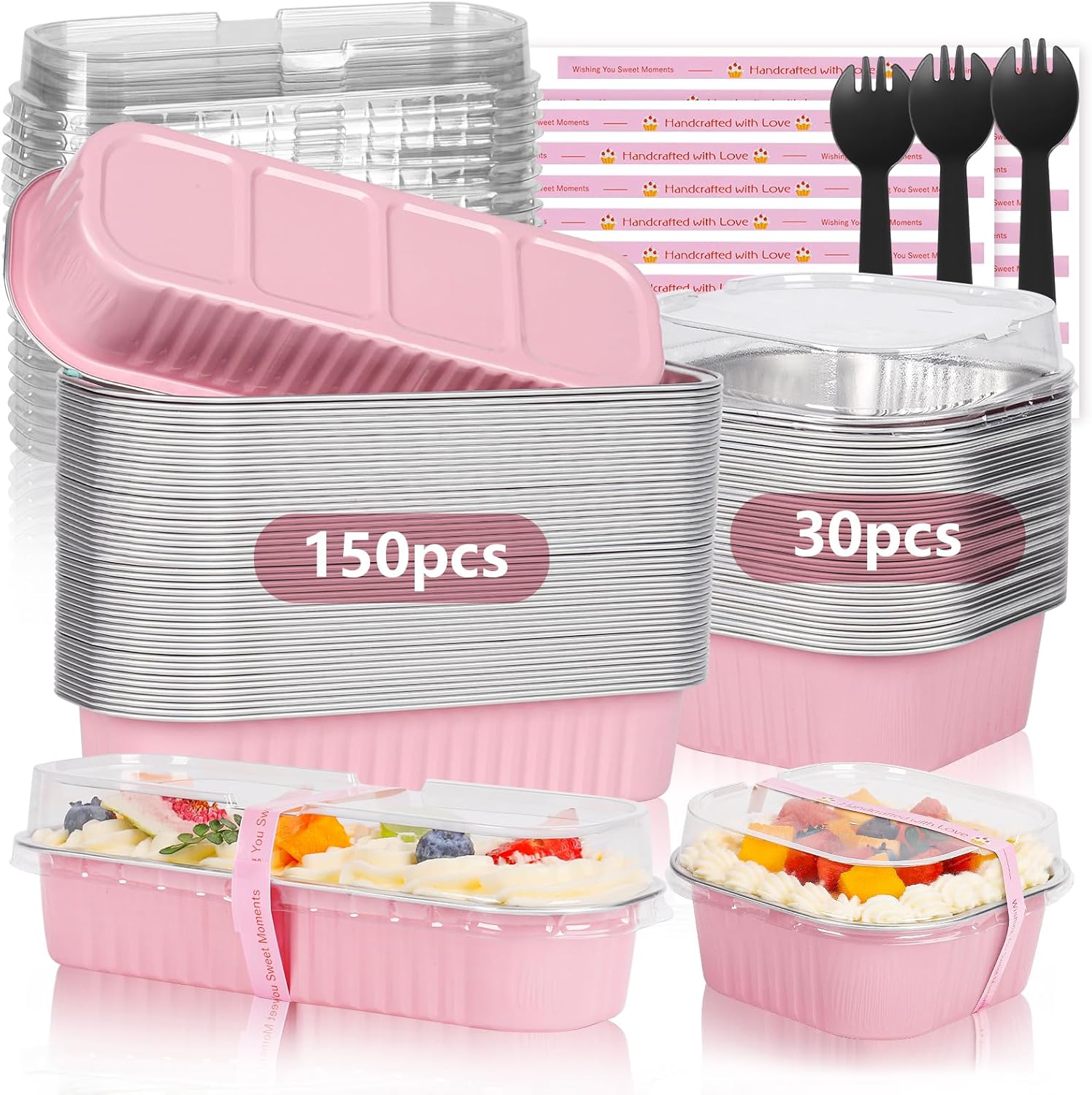 Mini Loaf Pans with Lids and Spoons Sealing Sticker, 150 Pcs 6.8oz Mini Cake Pans for Baking & 30 Pcs 10oz Disposable Mini Aluminum Foil Loaf Pan, Pink Mini Loaf Baking Pan, Small Cake Container