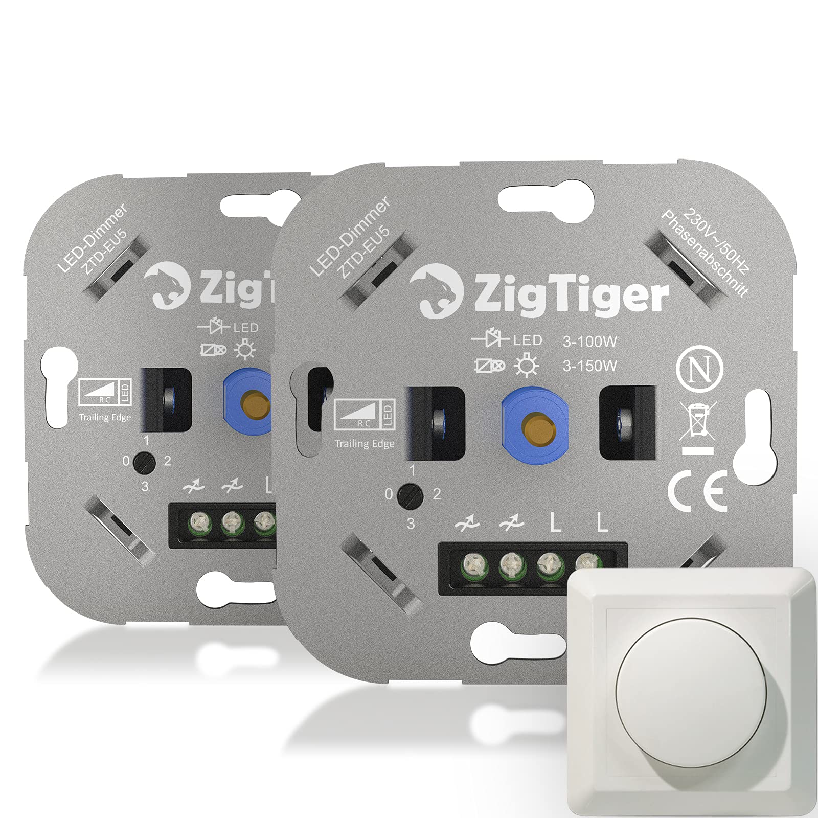 Lot de 2 interrupteurs variateurs à intensité variable encastrés pour LED à intensité variable 3 à 100 W et halogène 3 à 150 W