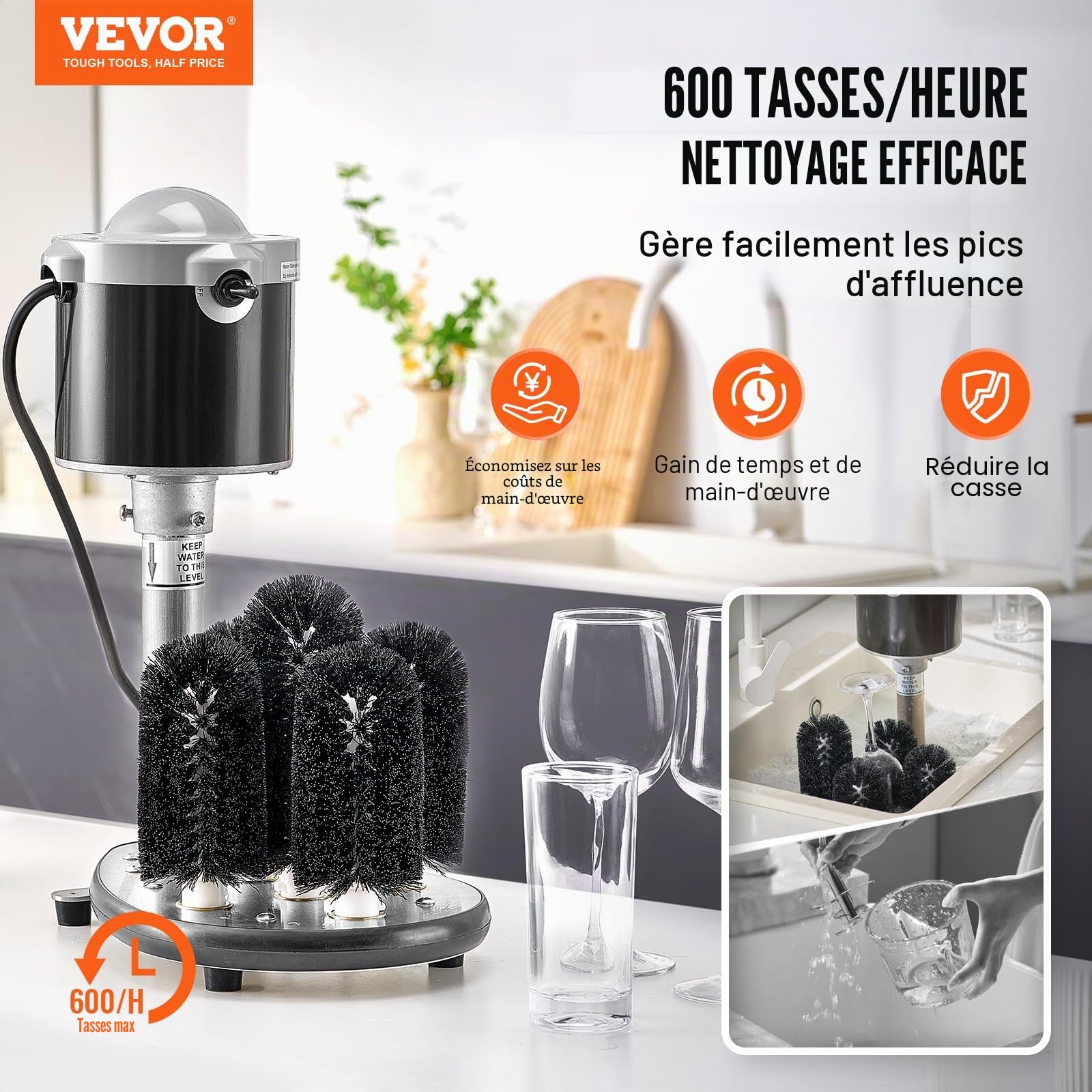 VEVOR Lave-verres Électrique Commercial, 5 Brosses Lave-verres 600 Tasses/Heure, Nettoyeur à Verres à Vin, pour Verres à Champagne, Tasses à Bière, Mugs, pour Bars, Cafés, Restaurants, Cuisine