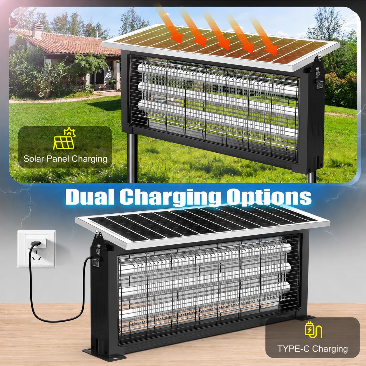 Matamoscas solar para exteriores, matamoscas eléctrico de mosquitos de 30 W, impermeable, inalámbrico, funciona con energía solar, para patio, jardín, patio, caravana, camping, estanque