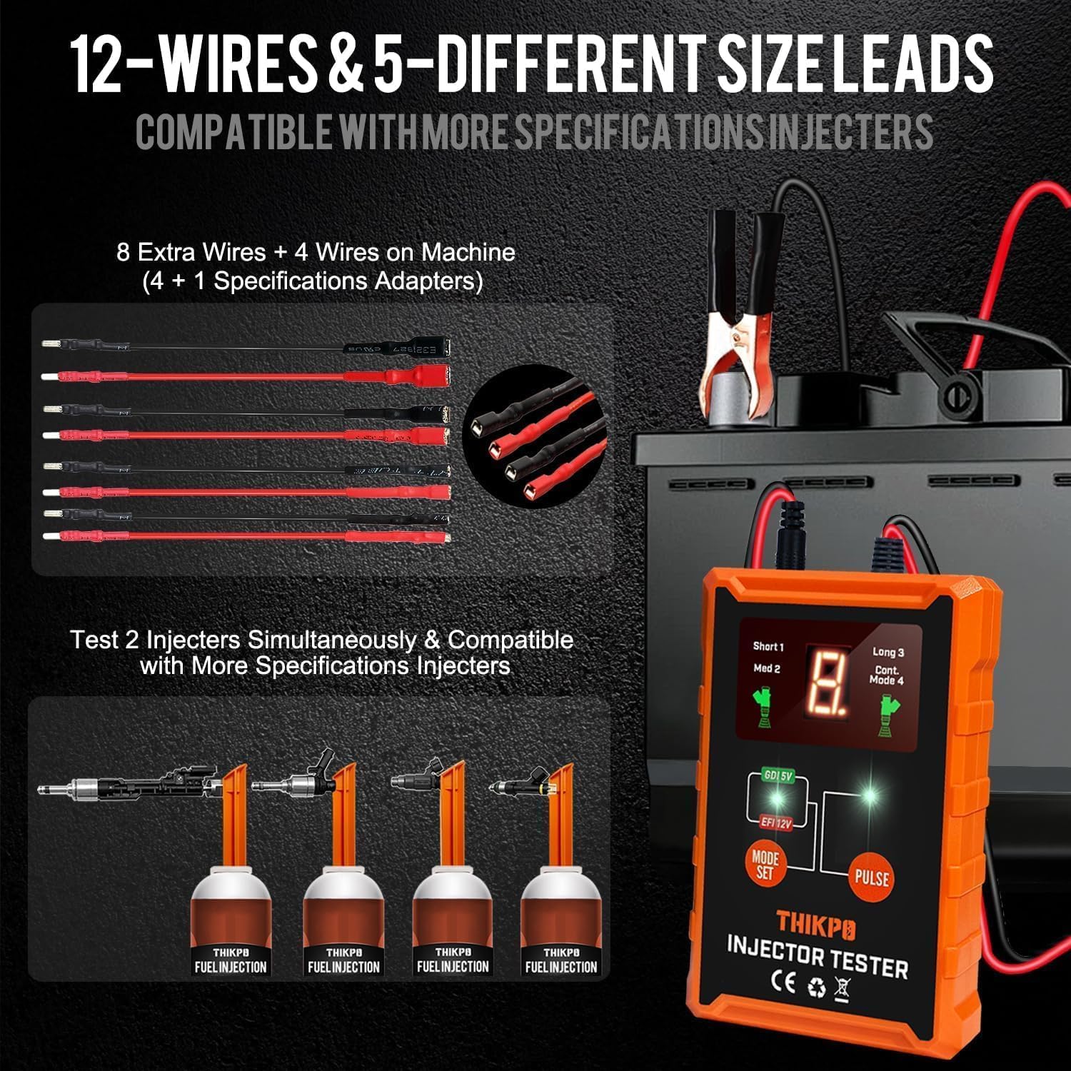Testeur d'injecteur de carburant universel et kit d'outils de nettoyage, kit d'outils de nettoyage DIY avec 8 adaptateurs de nettoyage, 8 modes d'impulsion, 4 fils double canal pour 2 injecteurs de