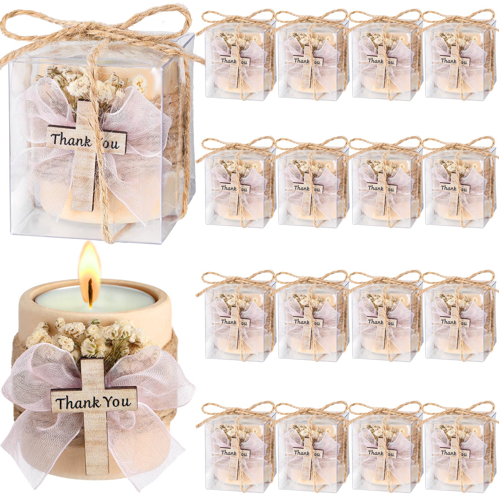 Photo 1 of MTLEE 16 Pack Wooden Tealight Candle Holders Kit Guest Gifts for Wedding Baby Shower The First Communion Baptism Christening Housewarming Party Handmade Thank You Candle with Card Box Rope (Cute)