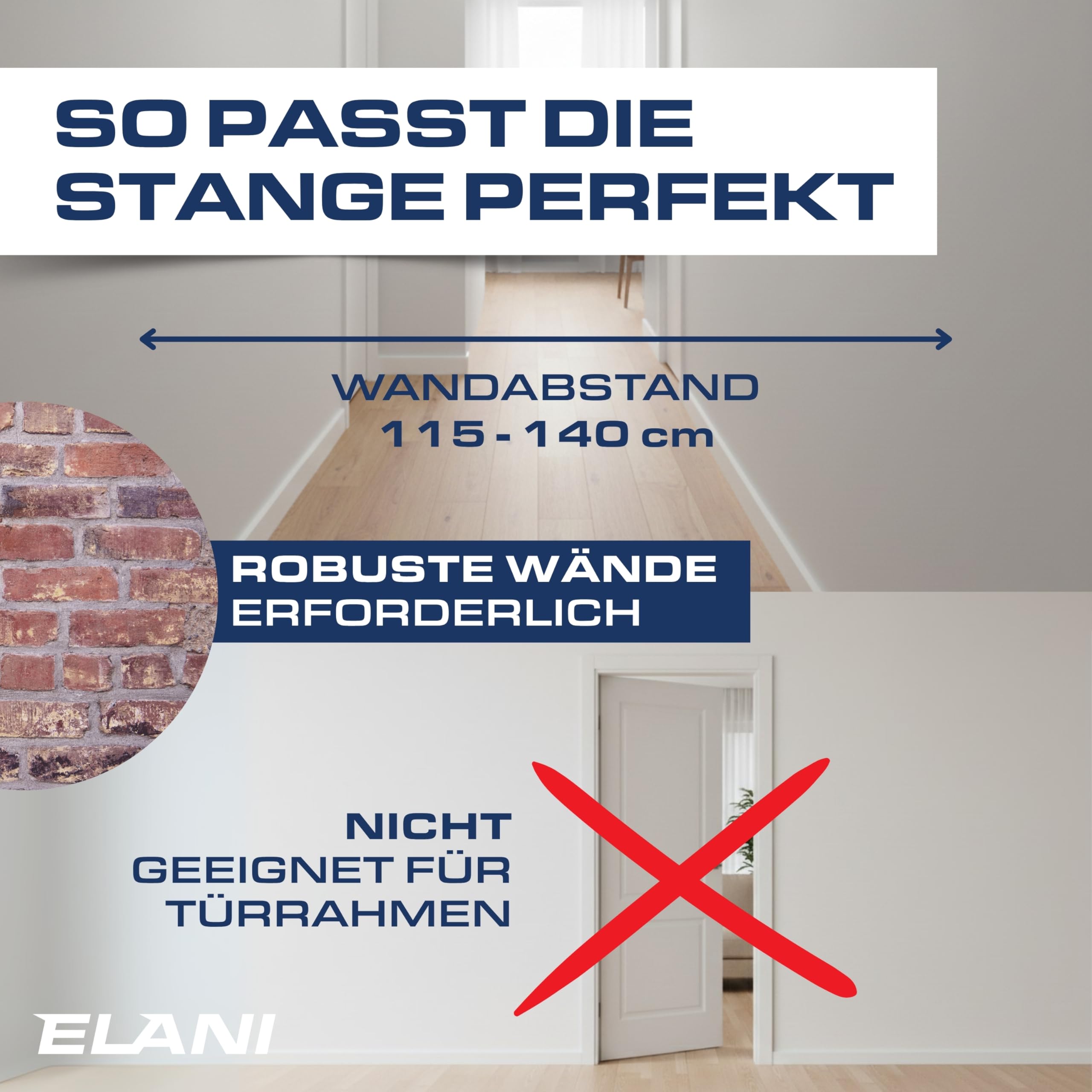 ELANI – Klimmzugstange Wandmontage 115–140 cm | Ohne Bohren | Mit Wasserwaage & sicherem Halt | Pull Up Bar für Flur, Decke & Indoor | Reckstange für Klimmzüge und Training zuhause