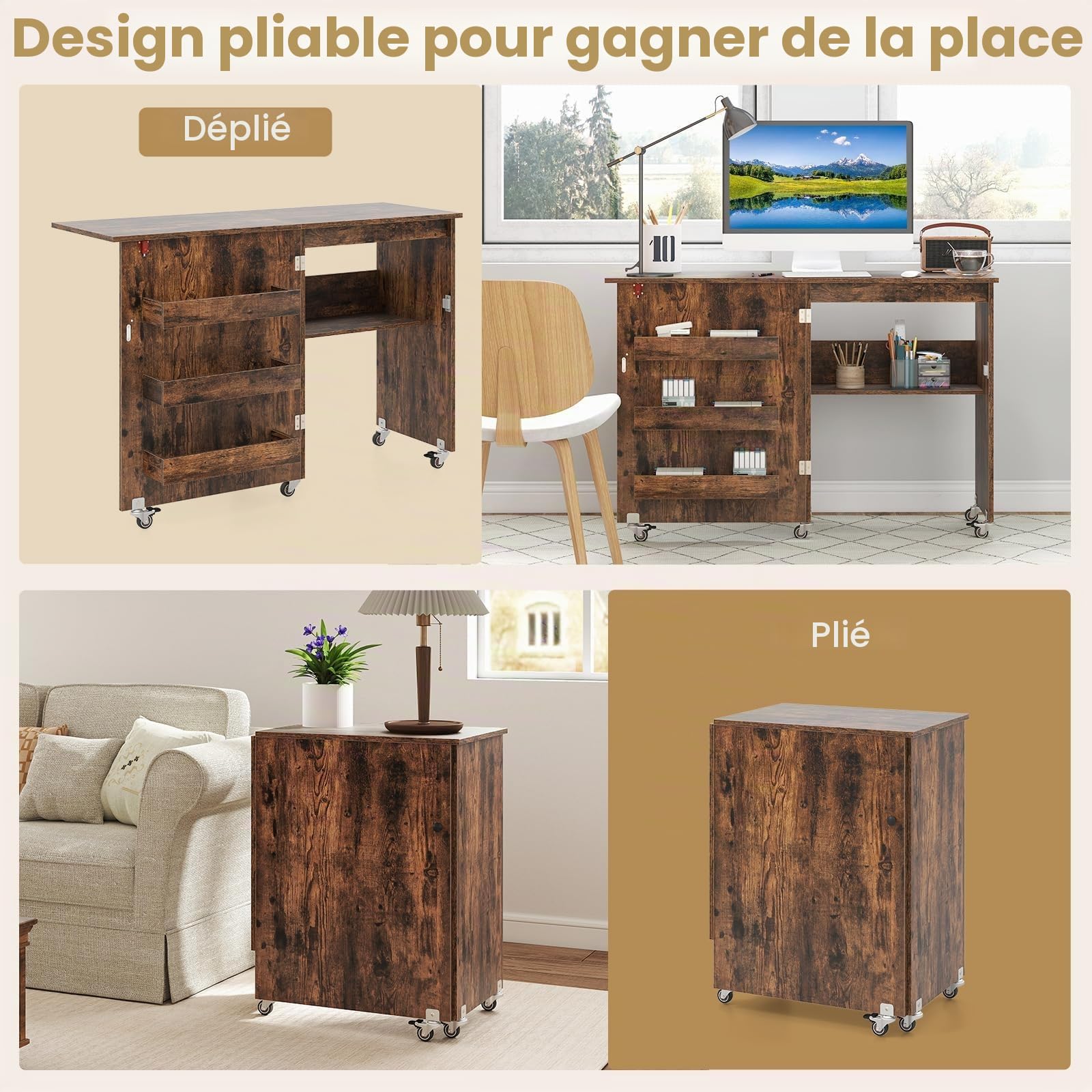 FANTASK Table de Couture et Bureau Pliable avec 3 étagères, Armoire de Machine à Coudre 2 en 1 pour bobines et roulettes verrouillables, Armoire à Couture en Bois pour Bureau, Salon et Chambre à