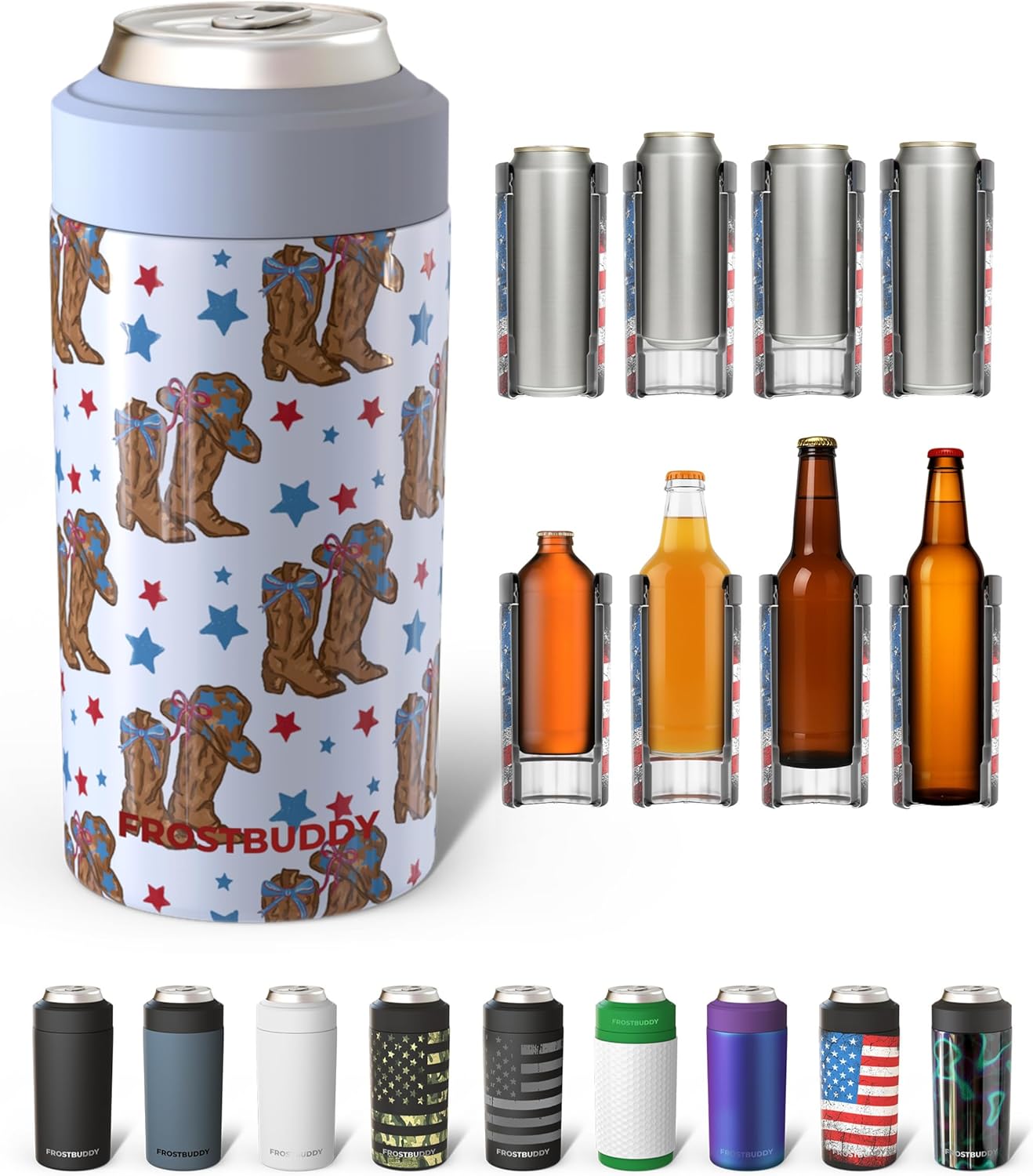 Frost Buddy Universal Can Cooler - Fits all - Stainless Steel Can Cooler for 12 oz & 16 oz Regular or Slim Cans & Bottles - Stainless Steel (All American Sweetheart)