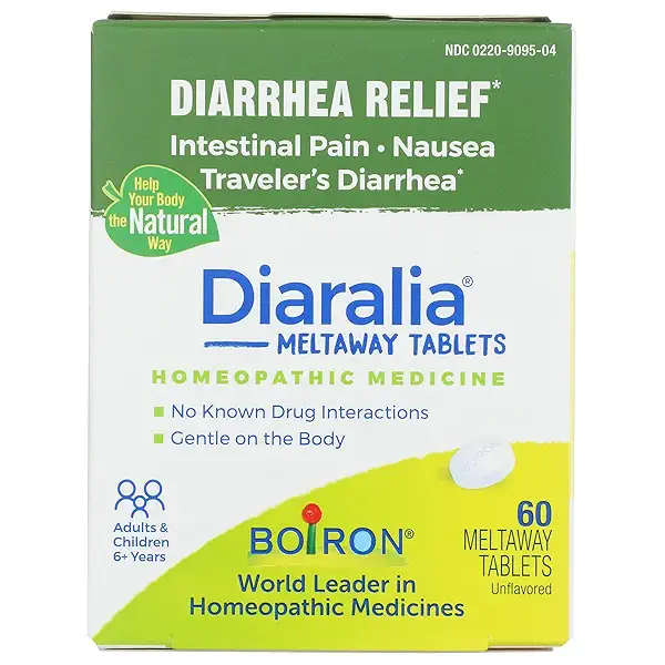 Boiron Diaralia Tablets for Diarrhea Relief, Gas, Bloating, Intestinal Pain, and Travler's Diarrhea - 60 Count 1