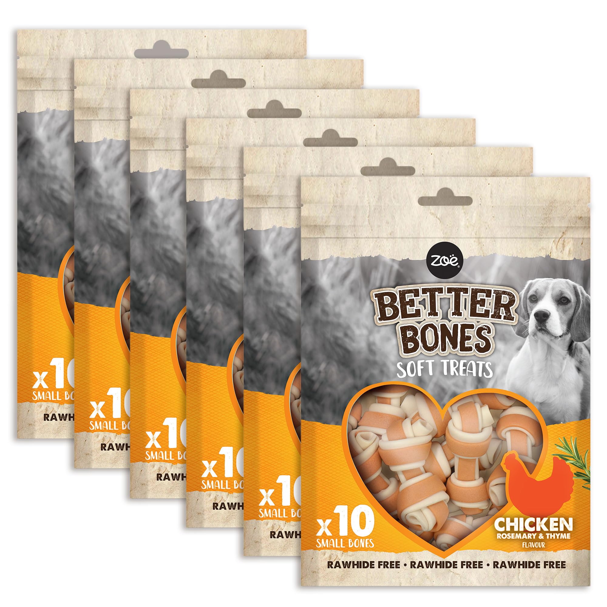 Zoë Better Bones Soft Dog Treat Chews, Pouch of Rawhide-Free, Bone-Shaped Dog Training Chews - Chicken Flavour, 6 Bags of 10 pcs