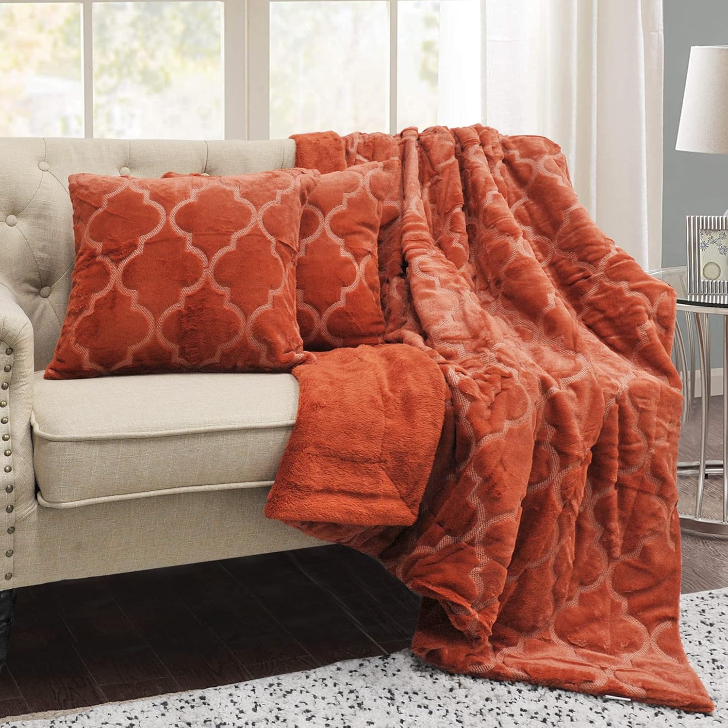 Home Soft Things Ogee Tatami Faux Fur 50" x 60" Throw with 2 Decorative 18" x 18" Pillow Covers(No Insert), Plush Fuzzy Soft Luxurious Blanket and Cushion Cases Set for Couch Sofa Bed, Burnt Orange