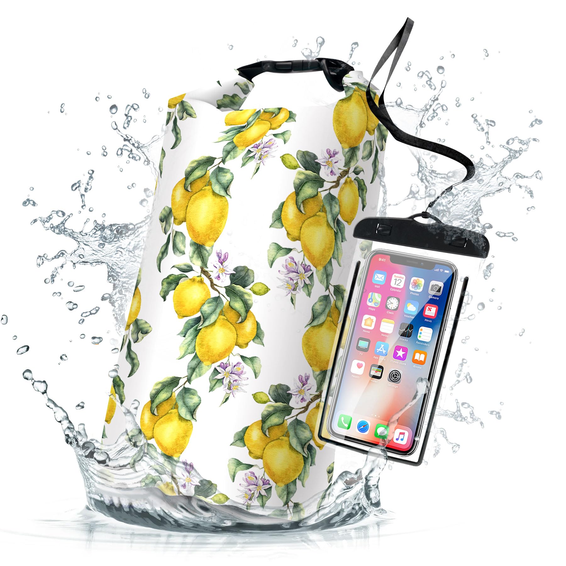 CliduliCliduli Waterproof Dry Bag,Roll Top Summer Lemon Waterproof Backpack 5L/10L/20L Floating and Lightweight Bags for Kayaking, Boating, Fishing, Swimming and Camping with Waterproof Phone Case