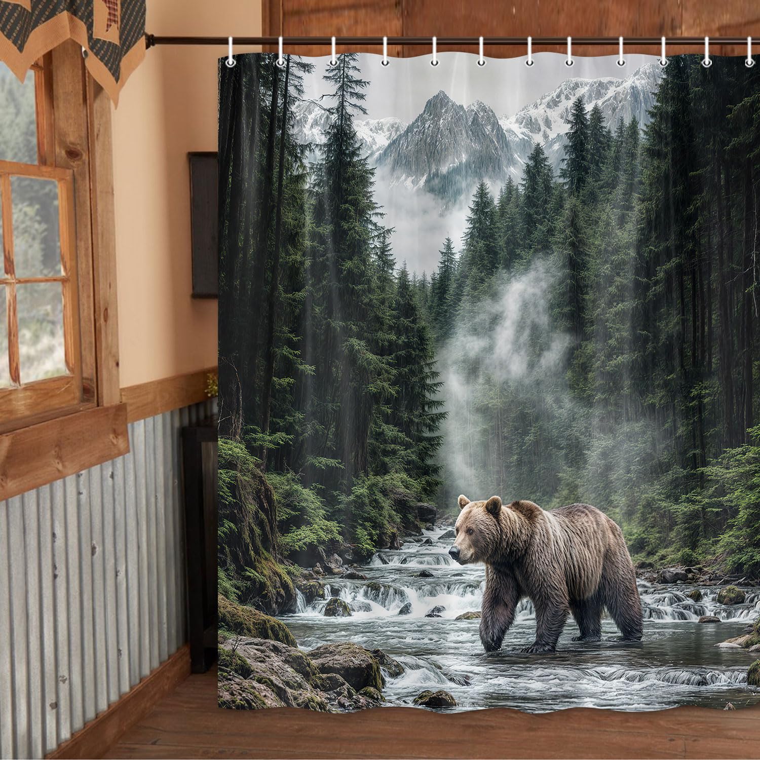 Wathon Mountain Creek Shower Curtain with Bear, Rustic Nature Landscape Woodland Wildlife Bath Curtain Country Forest Natural Scenery Outdoors