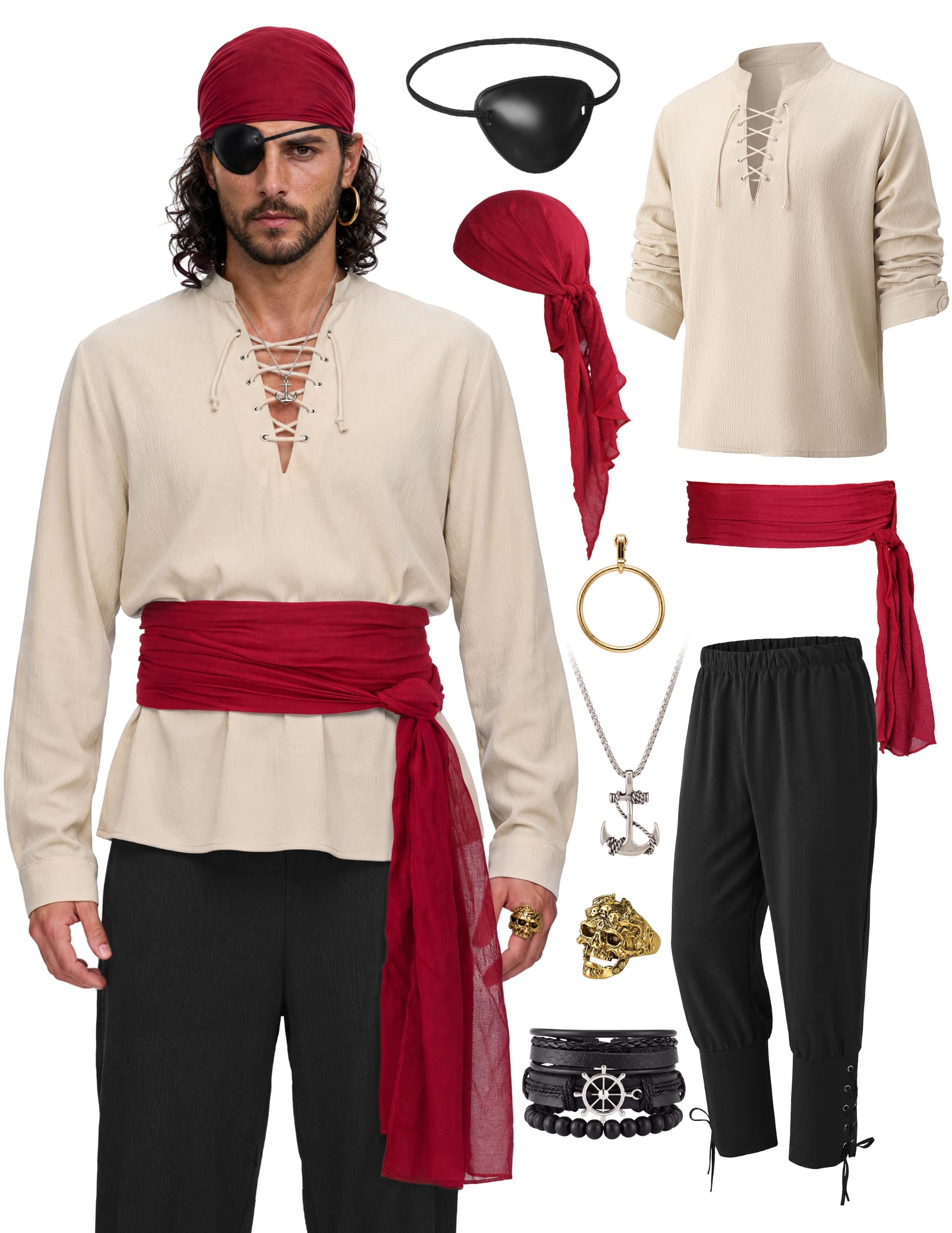 Spooktacular CreationsCostume da pirata da uomo beige e nero, composto da 6 pezzi, con camicia vichinga, pantaloni con fasce, benda sull'occhio, bandana, cintura e orecchini per Halloween.