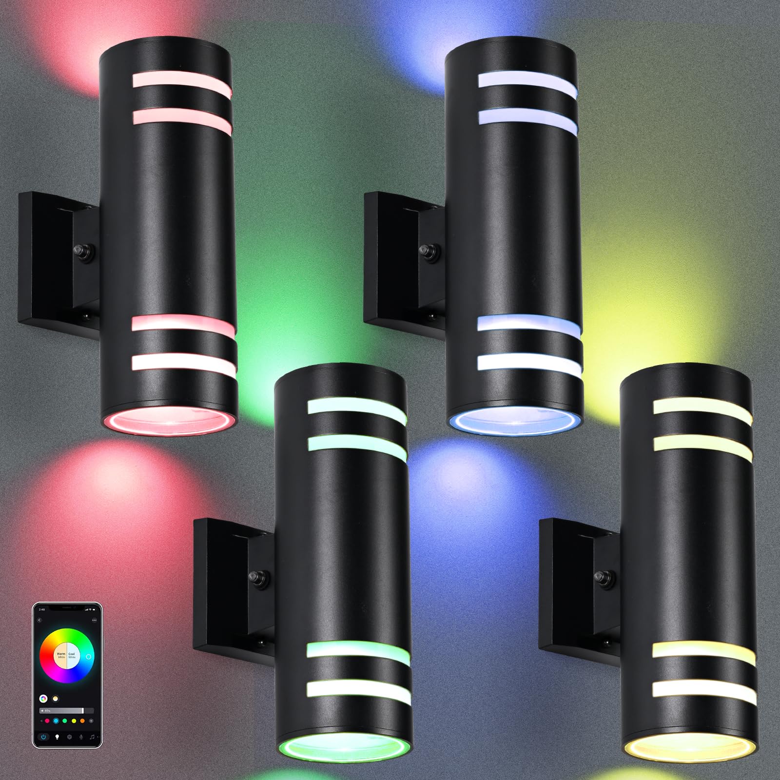futxnziey RGB Up and Down Lights Outdoor Wall Lights 4 Packs, Smart Color Changing Outdoor Wall Sconce WiFi Voice & App Control,Aluminum Waterproof