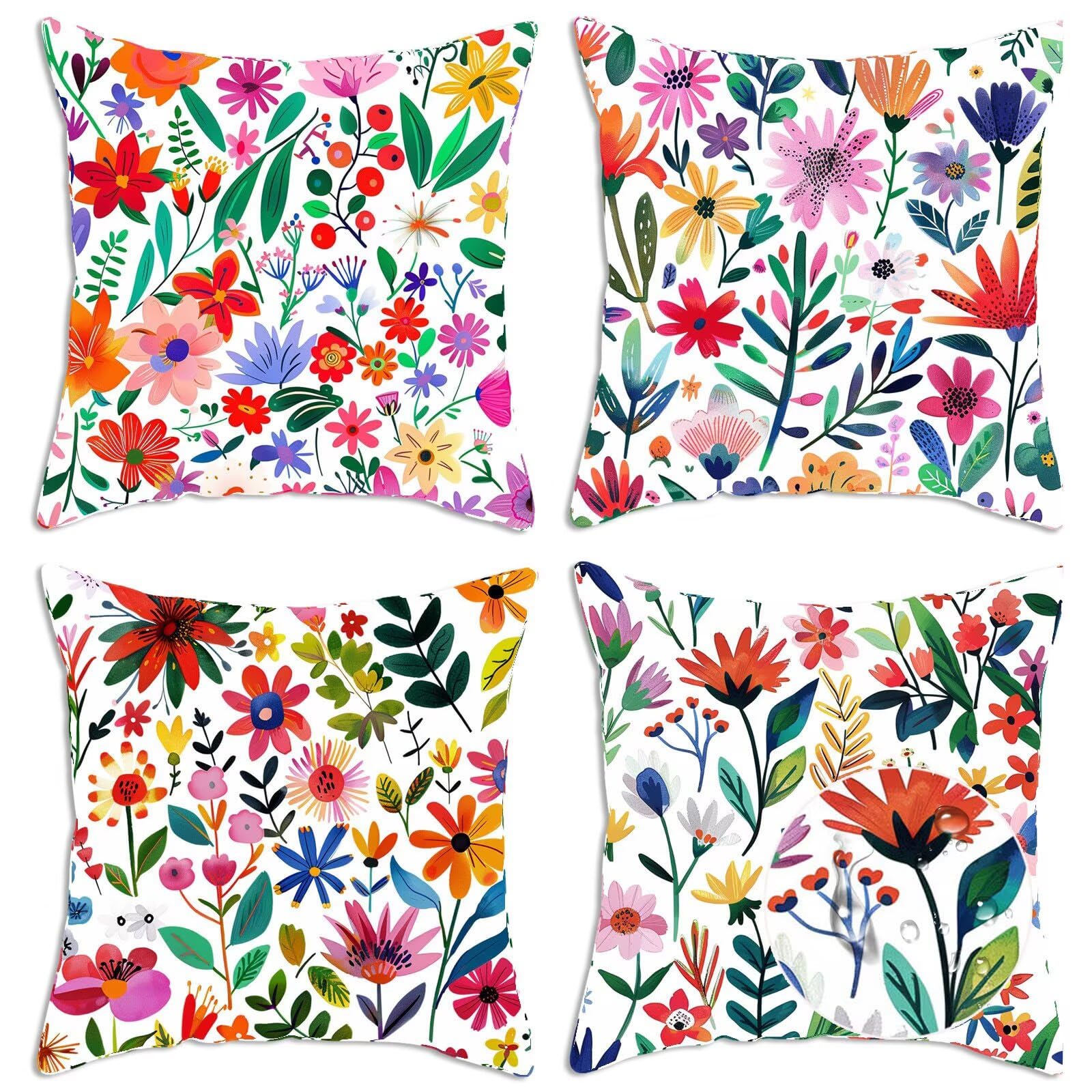 Juego de 4 fundas de cojín impermeables para exteriores, 40,6 x 40,6 cm, de lino de doble cara, decorativas, para patio, jardín, sofá, silla, diseño de flores, decoración elegante para el hogar