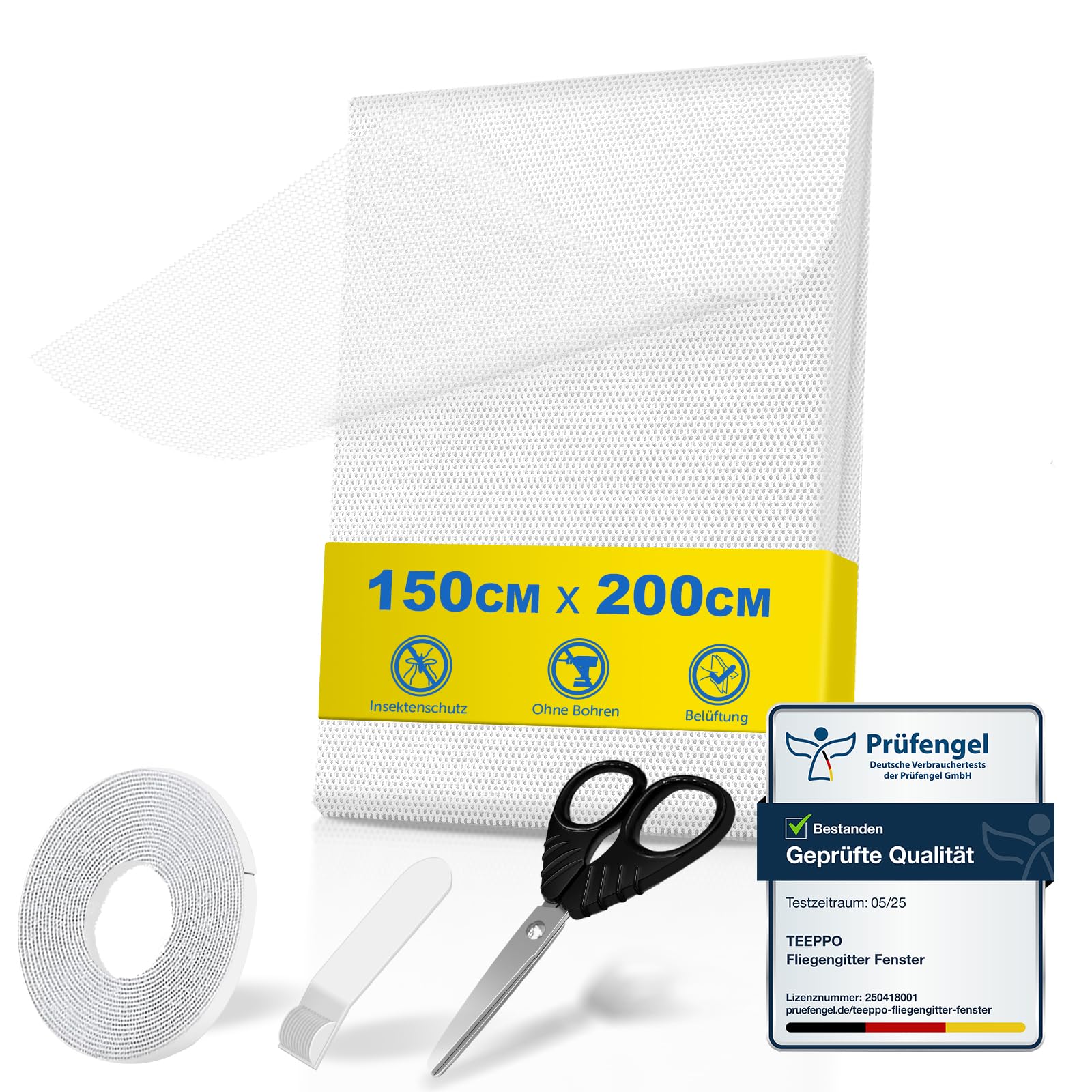 teeppo Fliegengitter Fenster 150 x 200 cm, Insektenschutz Fenster Zuschneidbar mit Klettband Selbstklebend, Fliegennetz ohne Bohren, Moskitonetz Fenster aus Polyester, Kinderleichte Montage【Weiß】