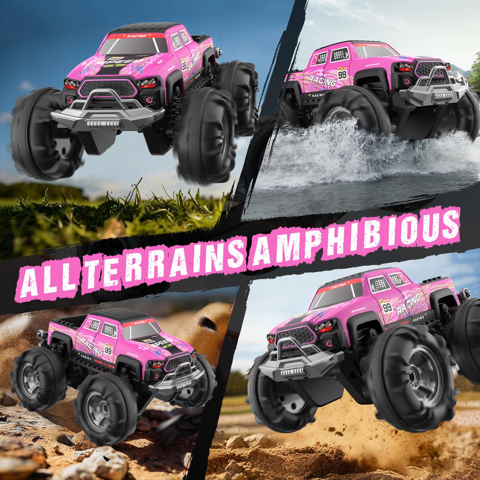Macchina Telecomandata Anfibio, 2,4 GHZ 1:18 Monster Truck Telecomandato con Sensore Gestuale, 4WD 8,5 KM/H Macchina Radiocomandata con Luce LED e 2 Batterie Auto RC Regali per Ragazzi Ragazze