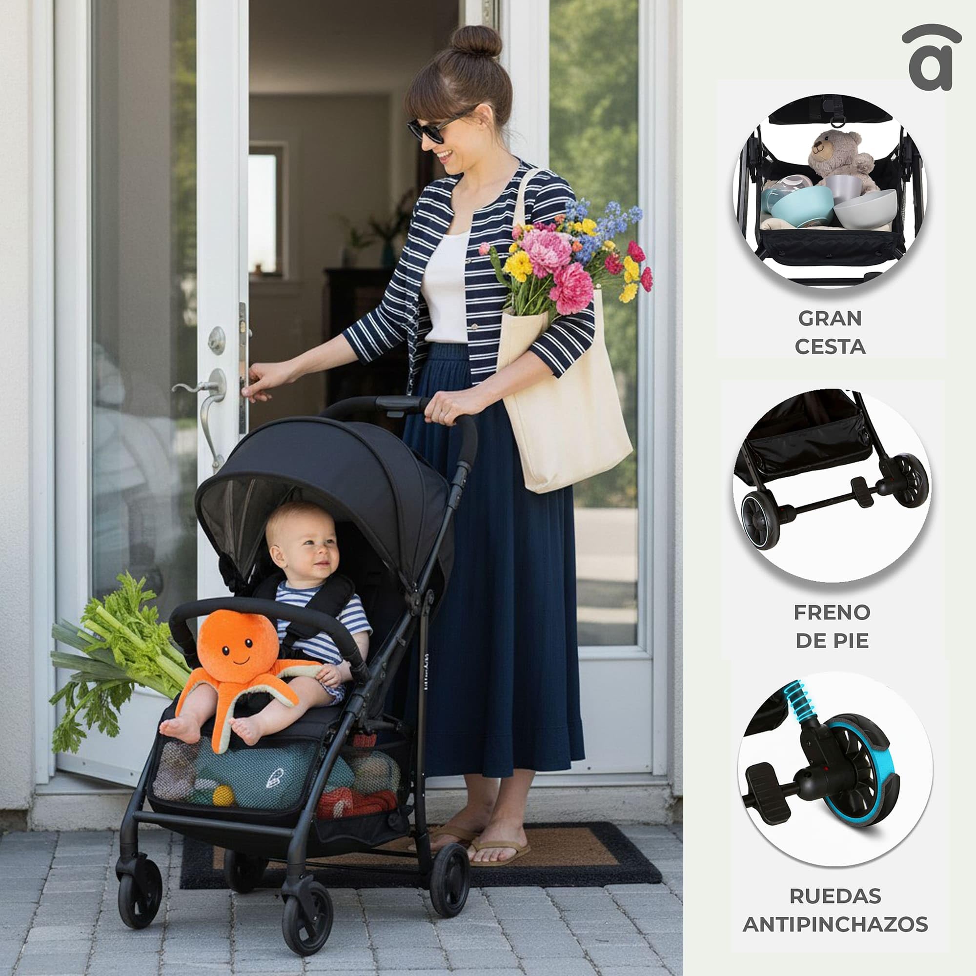 Asalvo MILÁN Silla de Paseo Ultraligera para bebé, Carrito de paseo, Respaldo Reclinable, Cochecito urbano, Arnés 5 Puntos, SPF50+, Capota con Ventana, Manejable y Máxima Seguridad, Hasta 16 kg, Negro