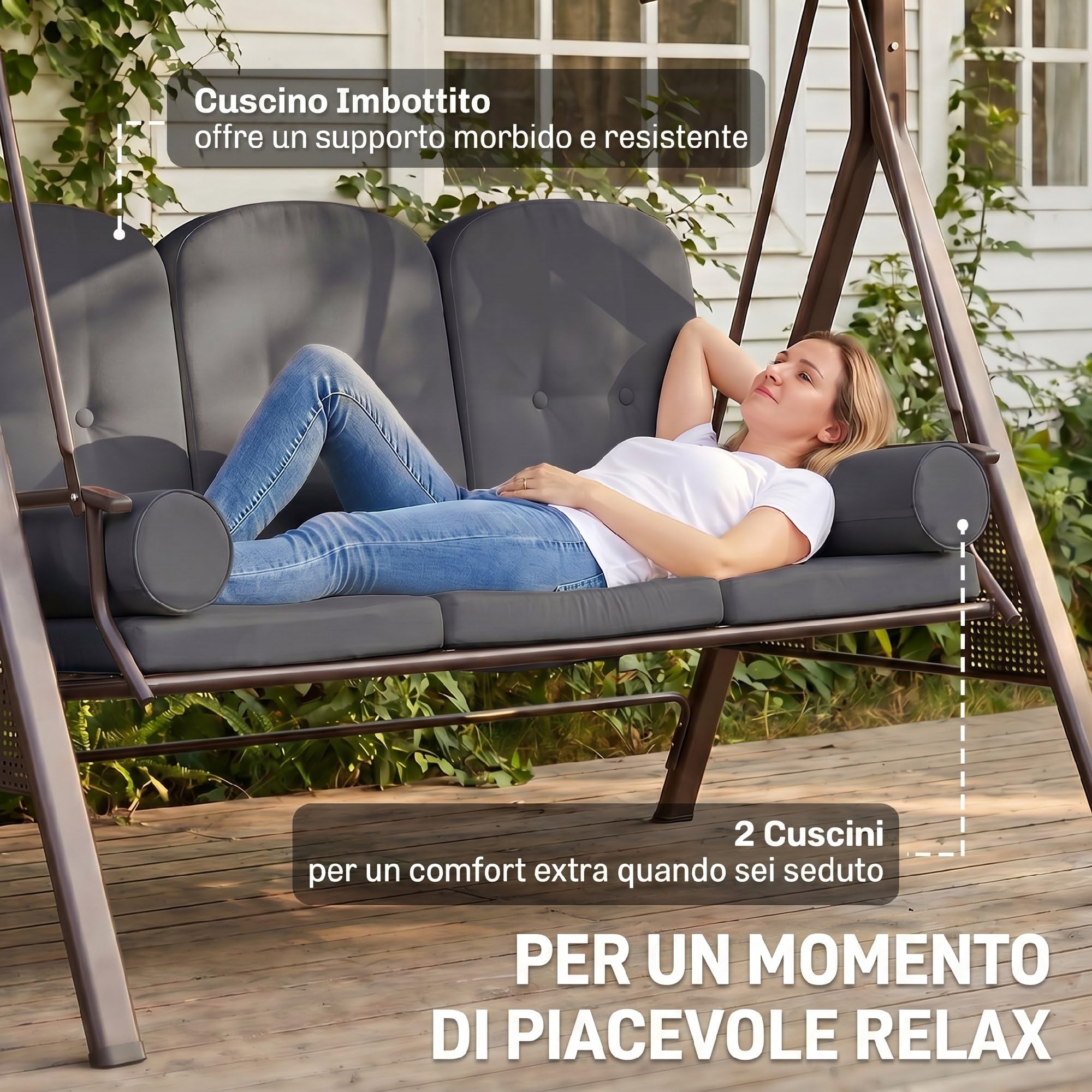 Outsunny Dondolo da Giardino 3 Posti con Tettuccio Parasole Regolabile, Dondolo da Esterno con Portabicchieri e Cuscini Imbottiti, Portata 360 kg, 208x121x172 cm, Grigio Scuro