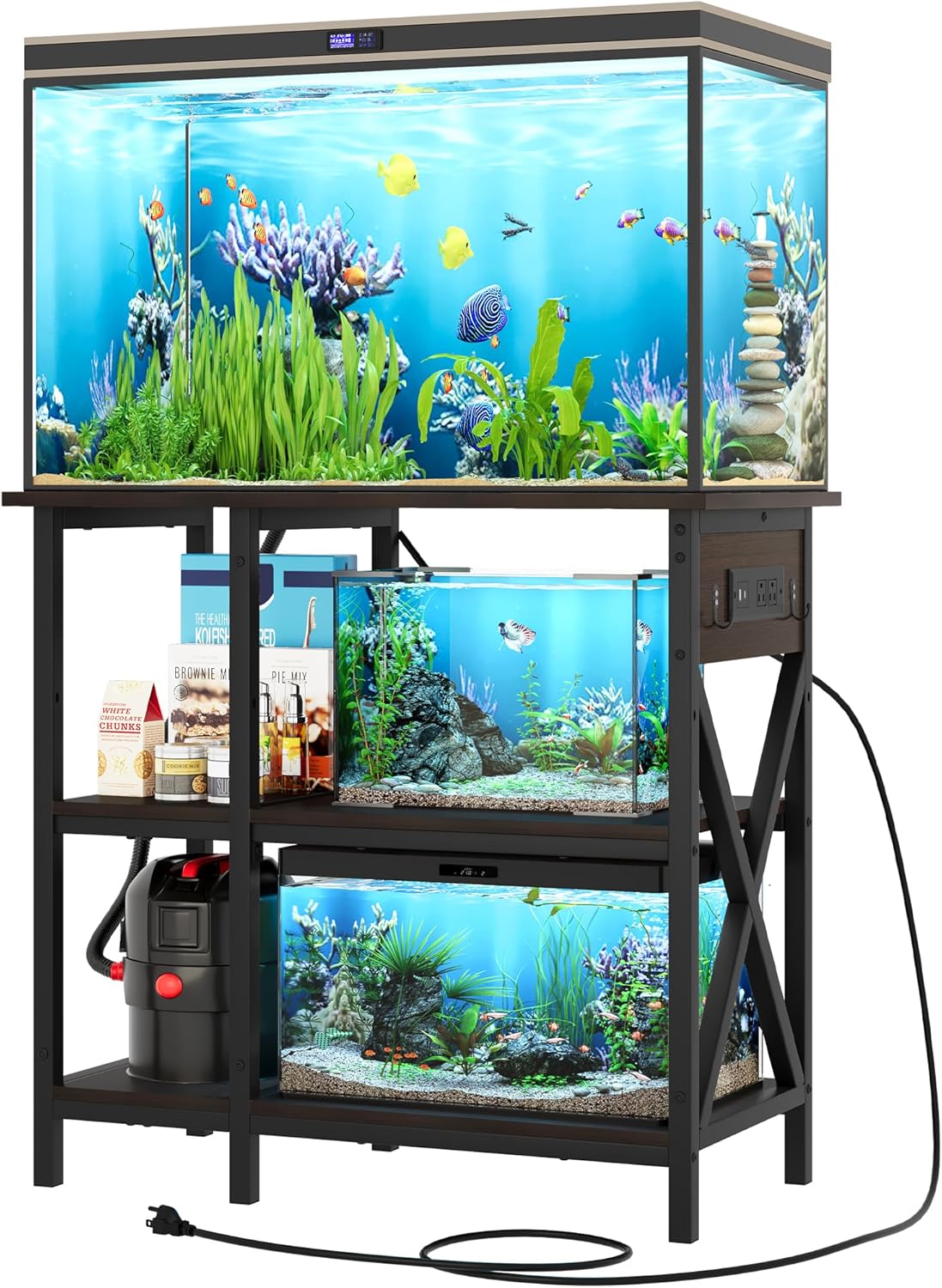 YITAHOME 10-29-37 Gallon Fish Tank Stand with Power Outlet, 30x16 Inch Metal Aquarium Stand with 3-Tier Adjustable Storage Shelves and Hooks, 450LBS Capacity,Black