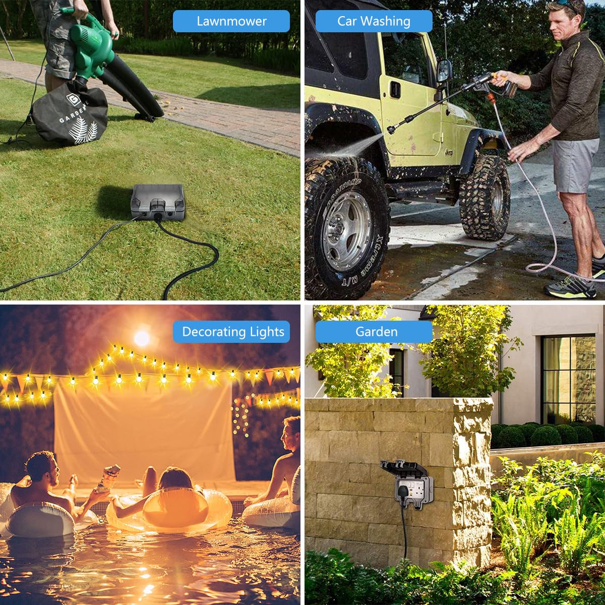 Cable de extensión impermeable para jardín, 10 m, IP66, 2 vías, resistente a la intemperie, doble interruptor, uso exterior
