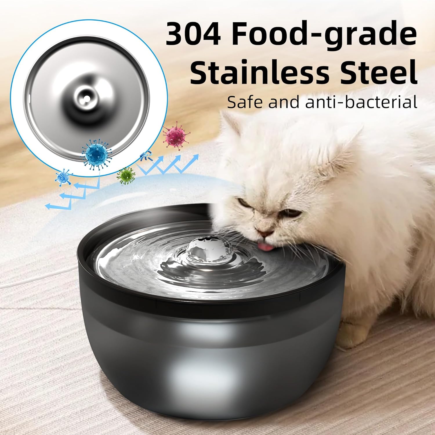 Casfuy W8 Quiet Stainless Steel Dog & Cat Water Fountain with LED Light, Black, 102-oz