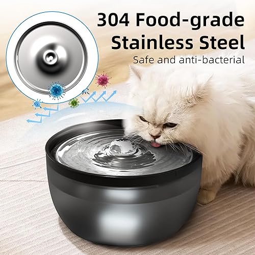 Miniatura 3 de Casfuy W8 - Fuente de agua silenciosa de acero inoxidable para perros y gatos con luz LED, color negro, 102 onzas