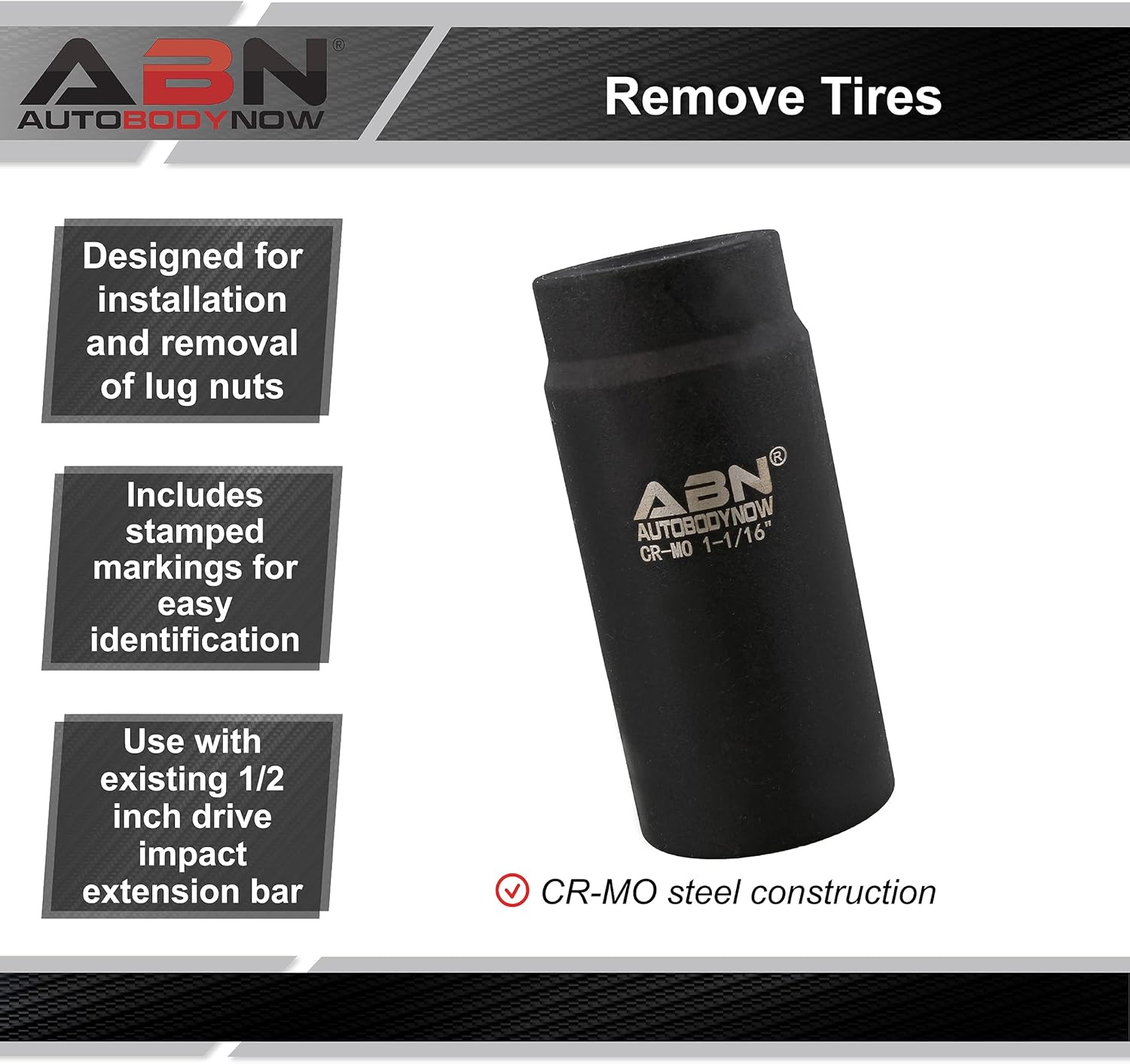 ABN 1/2 Inch Drive 1-1/16 Inch Socket - Deep Impact SAE Sockets 1-Pack, 6 Point CR-MO SAE Deep Socket Impact Sockets 1pk