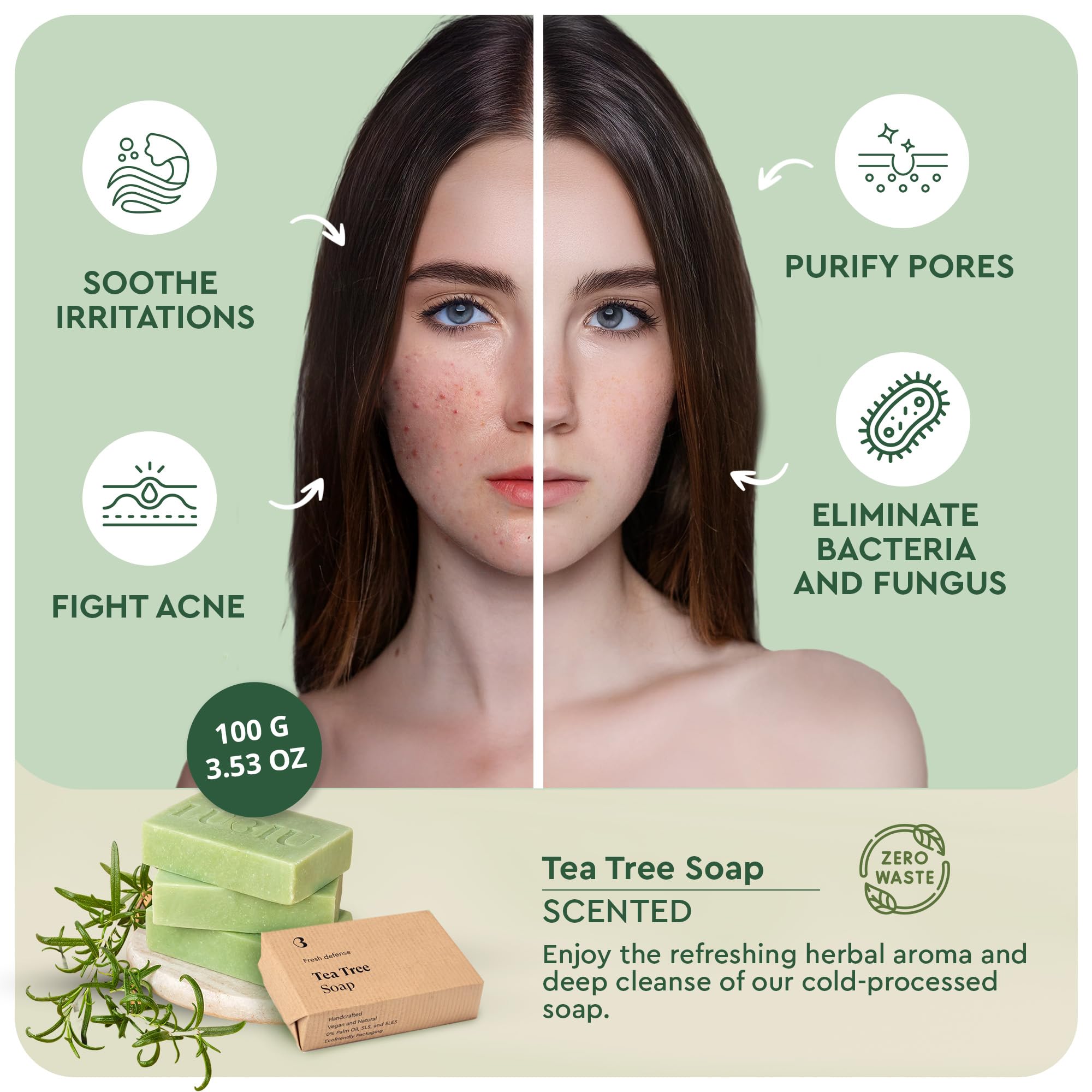 lubiu Natural Tea Tree Soap Bar 100g for Acne Treatment - Face Cleanser and Body Acne - Scented Soap, Green, 100 g (Pack of 1) - Image 3