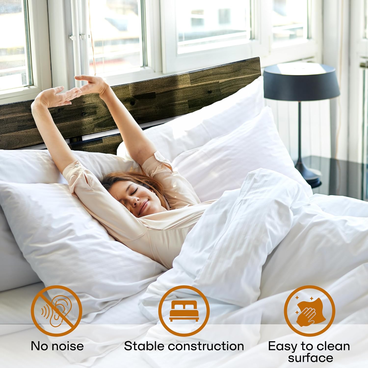 Acacia Aurora Wooden Bed with Headboard, King Size Bed Frame, 800lbs Capacity Wood Bed Compatible with All Mattress Types, Non-Slip & Noise-Free, Wood Slats Support, Easy Assembly, Mocha.