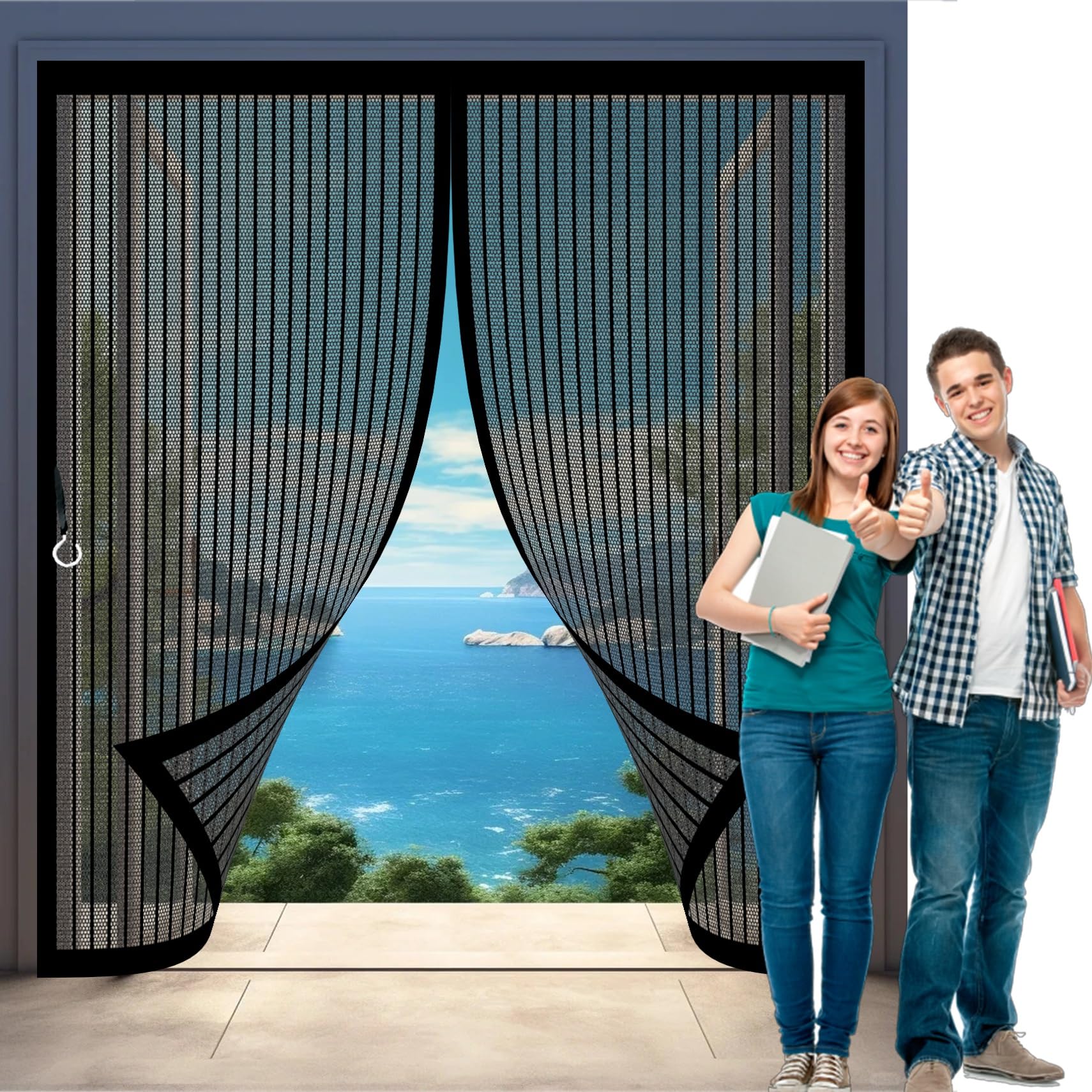 Moustiquaire porte fenêtre 92x190 cm noire à fermeture automatique sans perçage