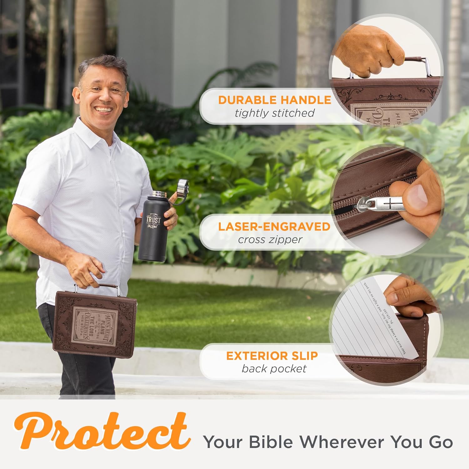 Christian Art Gifts Brown Faux Leather Classic Bible Cover A Man’s Heart - Proverbs 16:9 Bible Case Book Cover for Men or Women XL