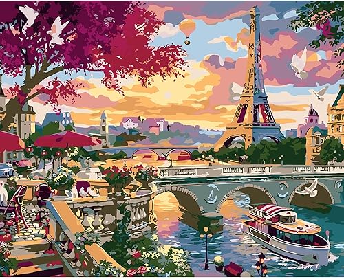 QUITEDEW Pintura por números de la torre Eiffel para adultos, pintura de paisaje urbano por números, kits de pintura de paisaje por números,