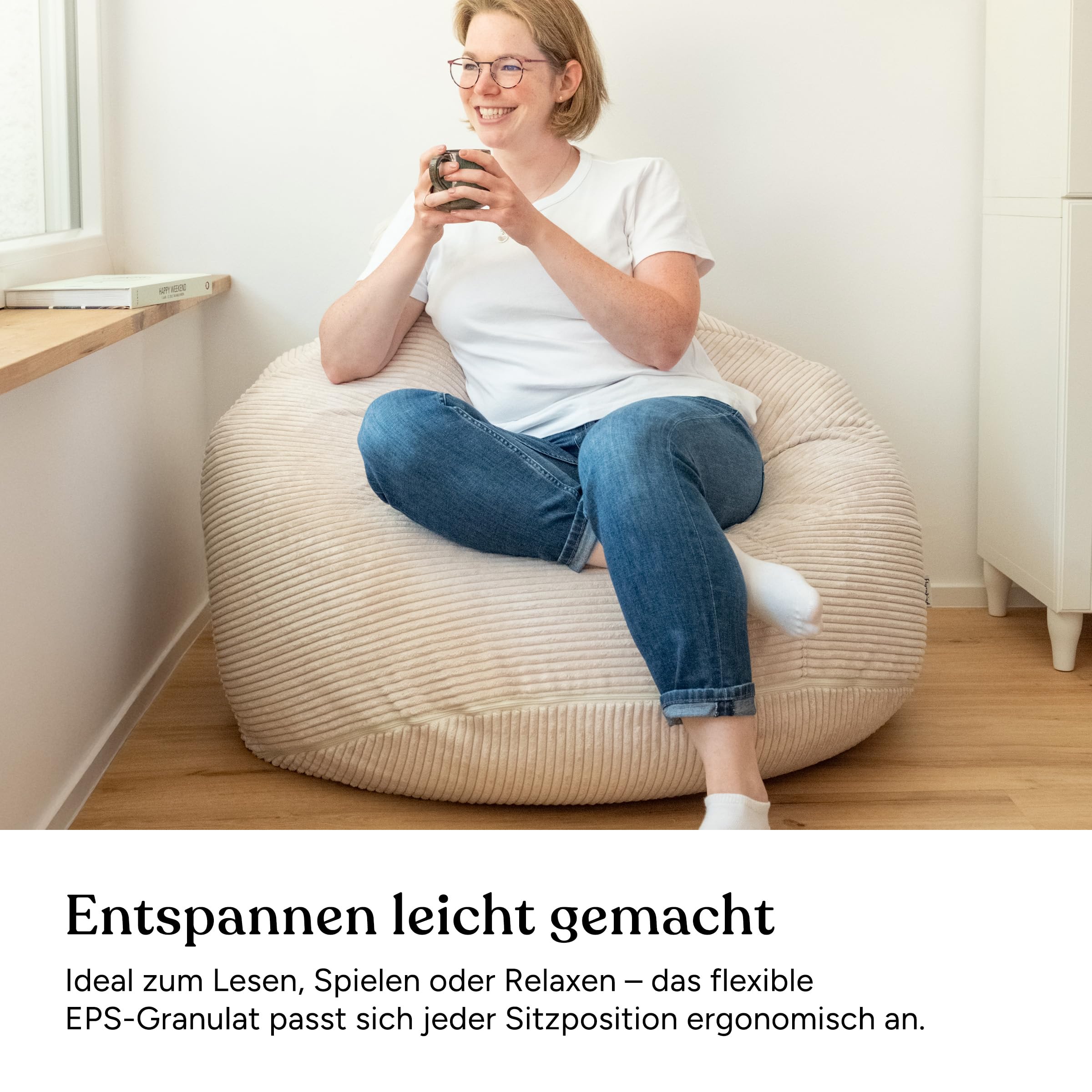 Ehrenkind® Sitzsack XXL aus Cord | Für Körpergrößen von ca. 140–190 cm | Bequem & ergonomisch | Weicher, abziehbarer Cordbezug | Natur