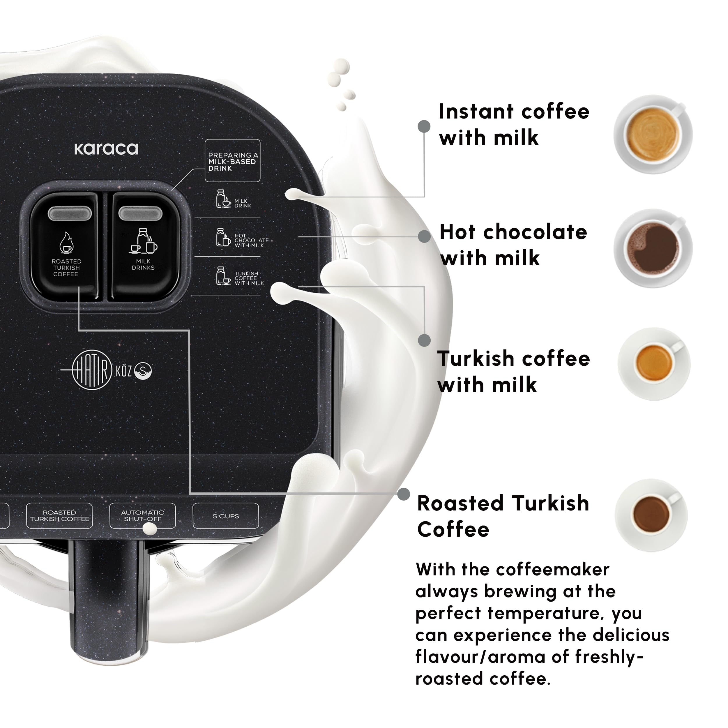 KARACA Hatır Köz Machine à café turque laiteuse, cafetière turque traditionnelle, 5 tasses, infusion de style ember, modes lait et chocolat chaud, anti-débordement, arrêt automatique, noir brillant