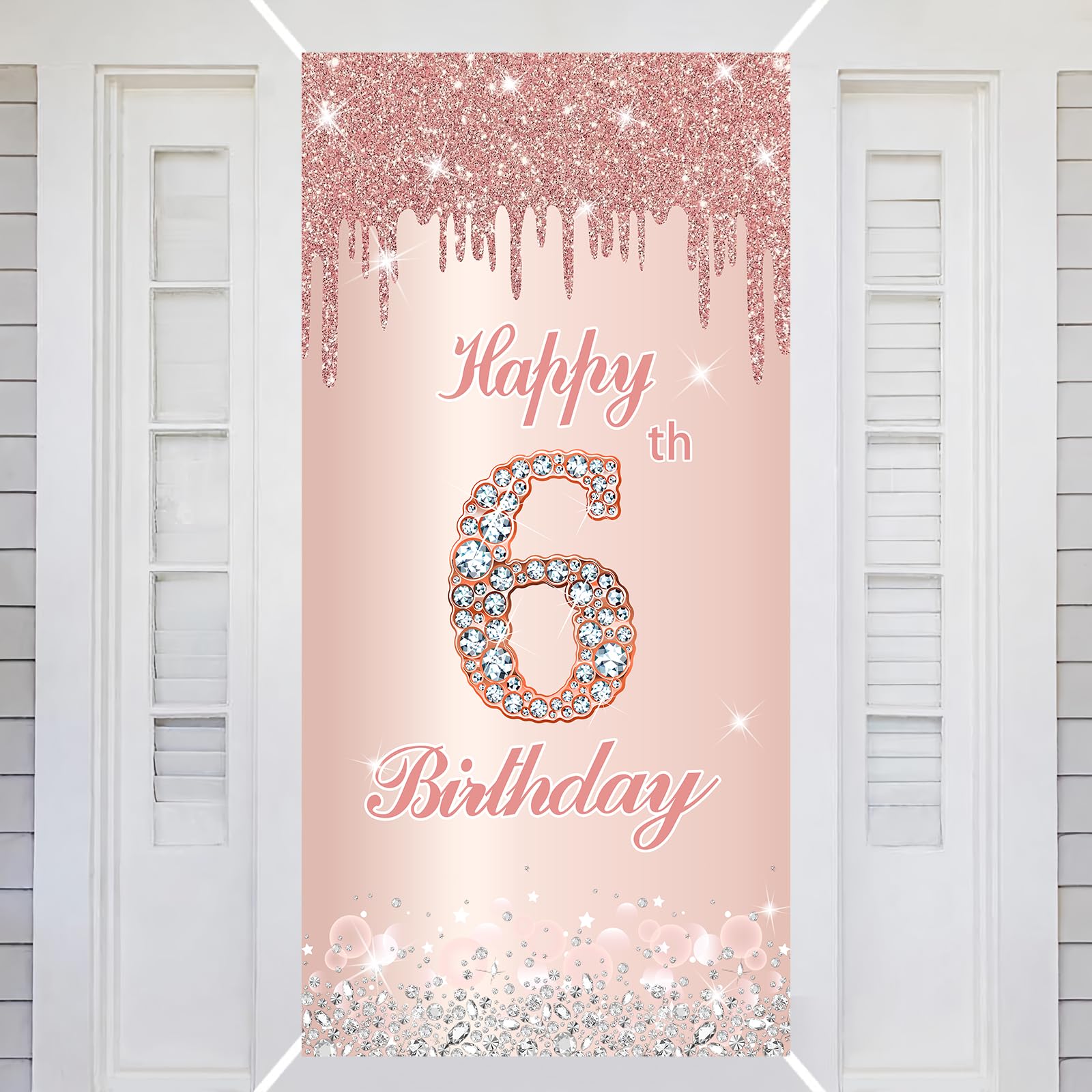 6th Happy Birthday Decorations Door Banner Pink Rose Birthday Banner for Party Backdrop for Women Door Cover Party Decoration Supplies Poster