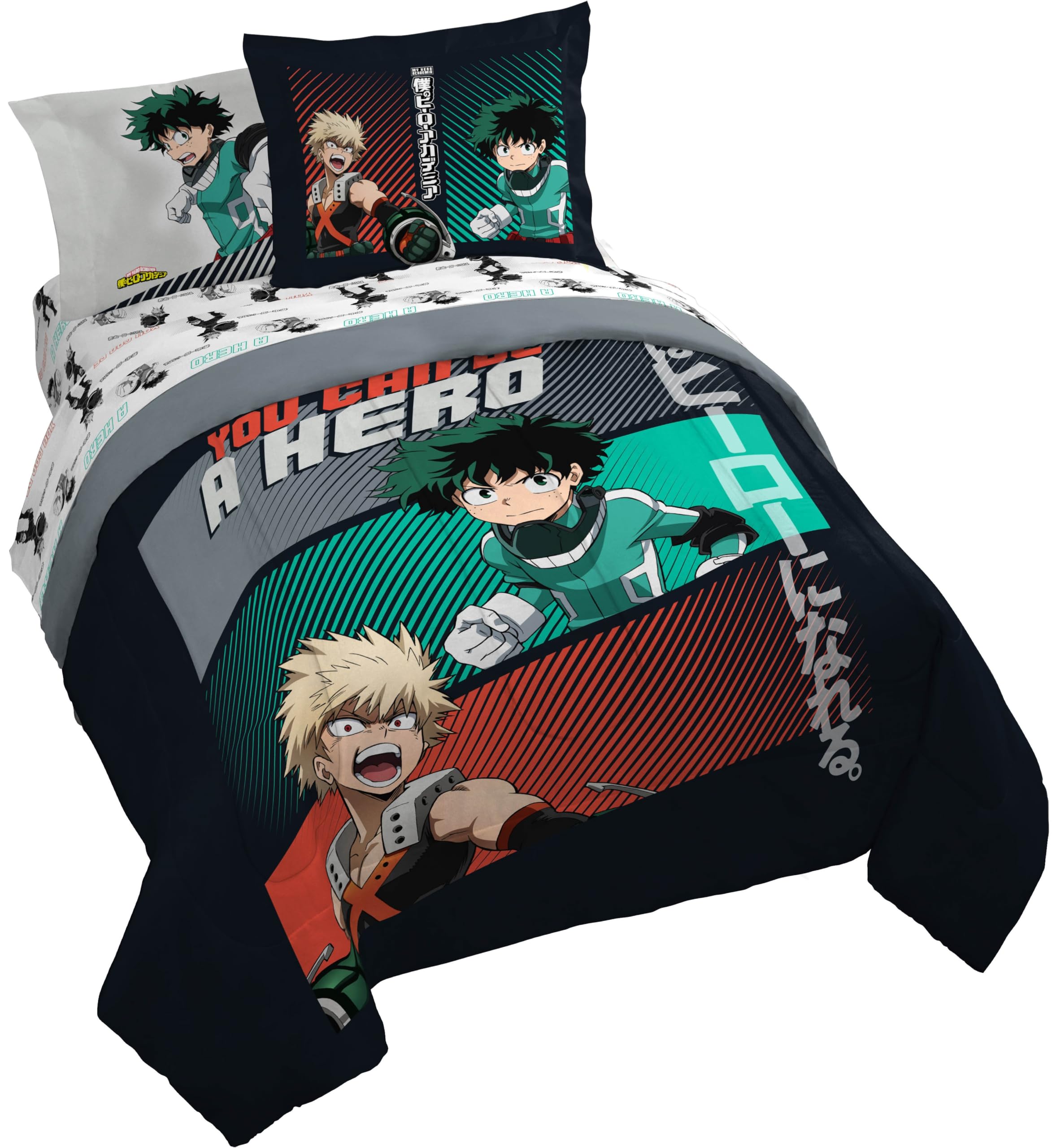 Jay Franco Kids Comforter Set Includes Sheets and Pillow Covers - Soft and Cozy Bed Set for Stylish Room Decor, Black - My Hero Academia, 7 Piece Queen Size Bedding