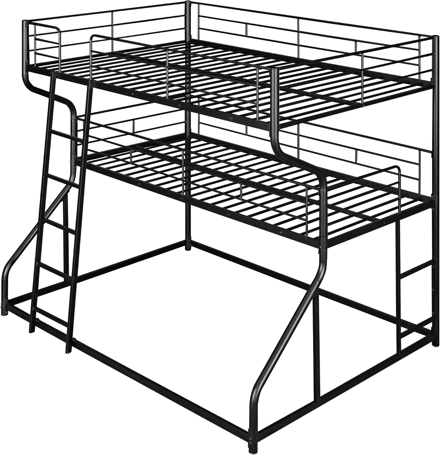 VilroCaz Full XL Over Twin XL Over Queen Size Triple Bunk Bed for Adults Kids Teens, Metal Triple Bunk Bed Frame with Long and Short Ladder, Bunk Beds for 3 with Sturdy Slat Support (Black)