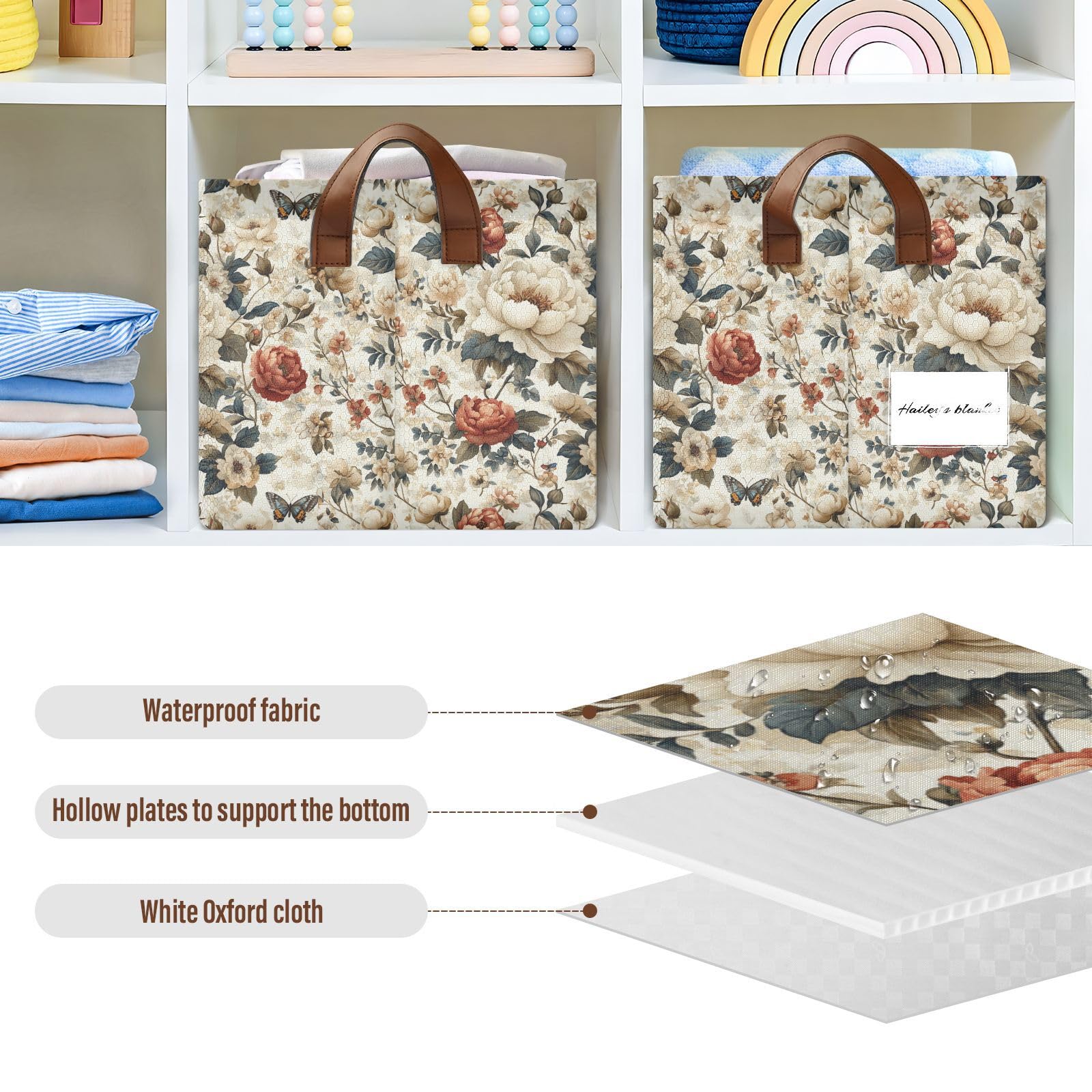 KLL Kwiatowe piwonie gardenia motyle pszczoły neutralne duże kosze do przechowywania tkanin z uchwytami materiałowe pojemniki do przechowywania na półkach szafa 2 szt. cajas de almacenamiento para