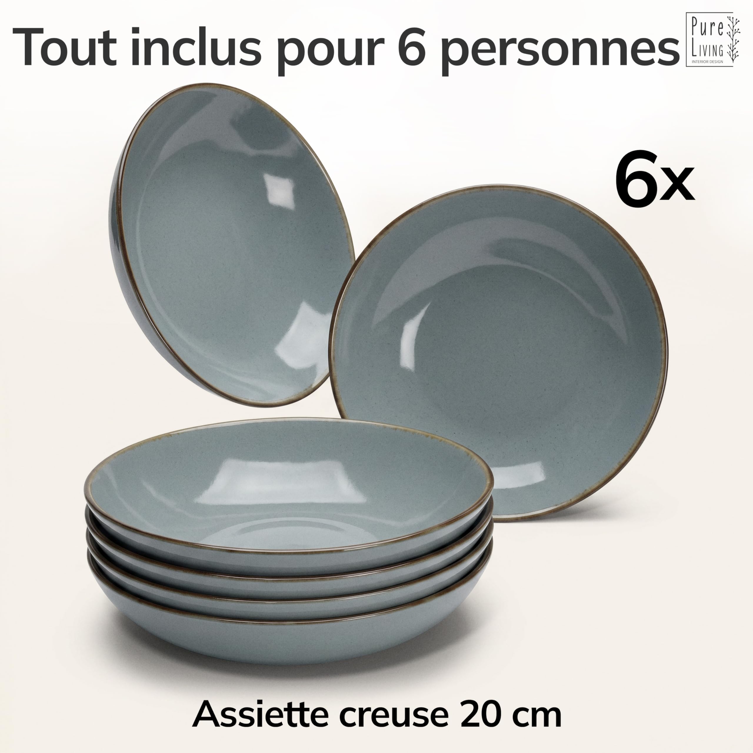 Assiettes creuses en grès Rustic - Lot de 6 - Vaisselle style maison de campagne Pure Living pour soupes, pâtes et salades - Passe au lave-vaisselle - Bleu fumé