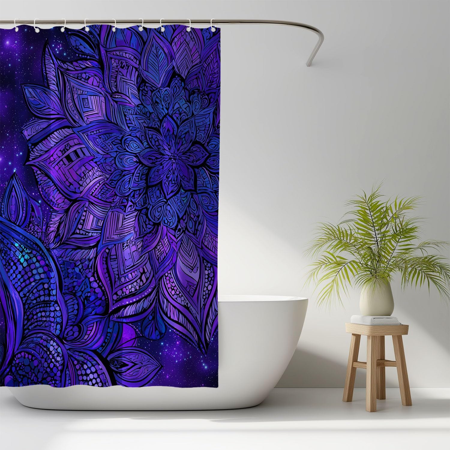 Zasłona prysznicowa 120 x 200 cm, 1 panel, miękka mikrofibra, wodoodporna i odporna na pleśń, nadaje się do prania, do łazienki, wanny, z oczkami i haczykami, ciemnoniebieska, delikatne płatki mandali