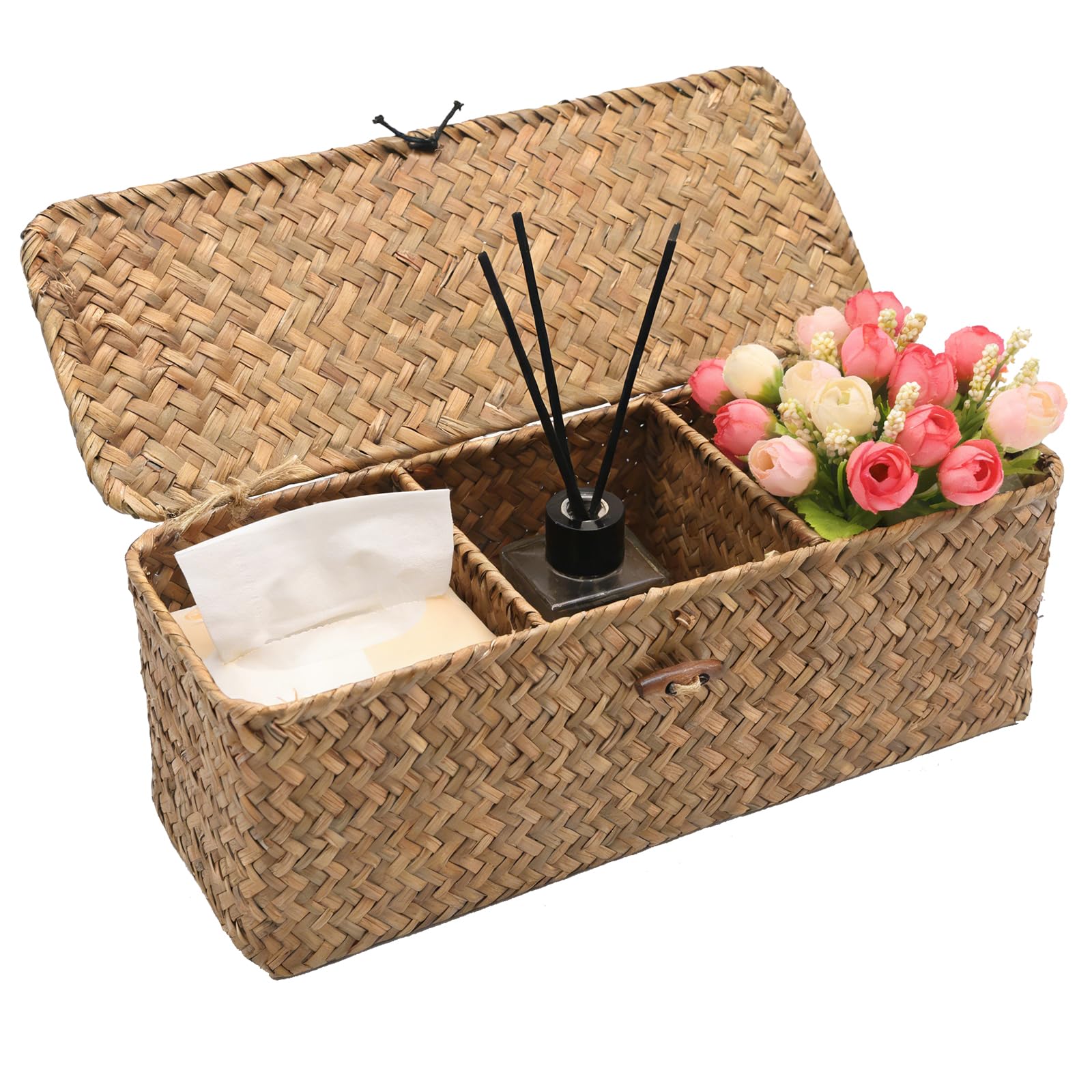 Ollanoos Seagrass Storage Bin with Cover, Versatile 3-Section Organizer for Home, Stylish Woven Basket for Shelves and Desks (Khaki Color)