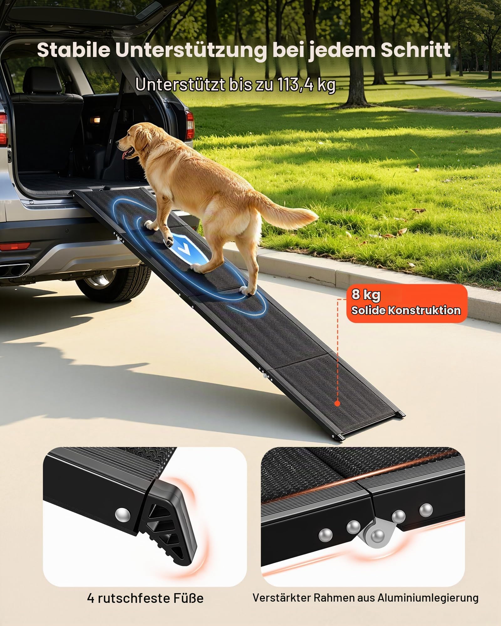 VEVOR Hunderampe, 180 x 43,2 cm, Faltbare Hundeautorampe für mittelgroße & große Hunde bis 113 kg, Einstiegshilfe mit Rutschfester Oxford-Gewebeoberfläche, tragbare Hundetreppe für SUV & LKW