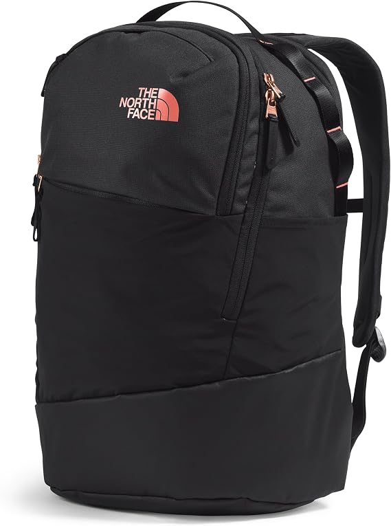 The North Face Women's Isabella Transit Backpack | Commuter Travel Bag with 16 Laptop Sleeve, Water-Repellent Finish, Women-Specific Fit, TNF Black Light Heather/Burnt Coral Metallic-NPF, One Size