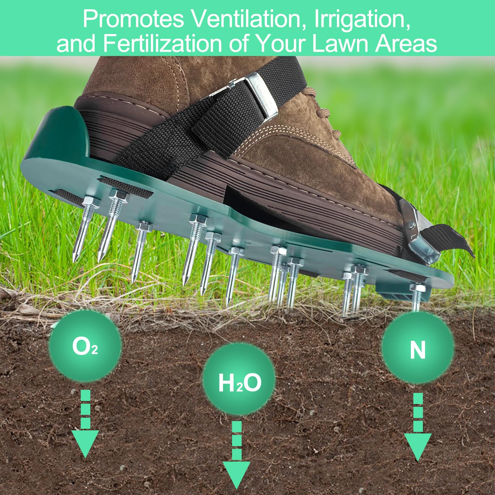 Relota Aerateur de Pelouse Chaussure à Gazon, Chaussures Aérateurs de Pelouse Couche, Semelles de Ventilation pour Gazon avec 4 Sangle à Boucle en Métal, pour Amélioration de la Qualité du Sol