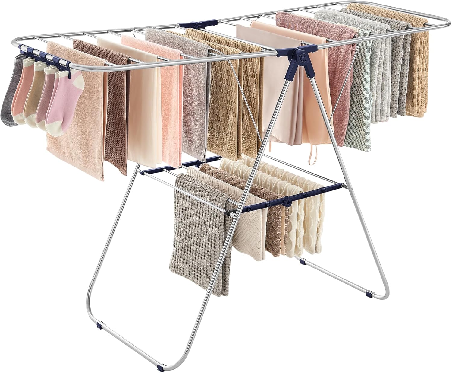 SONGMICS Foldable Metal Clothes Drying Rack with Sock Clips and Height-Adjustable Gullwings, Indoor Outdoor Use, Silver and Blue ULLR52BU