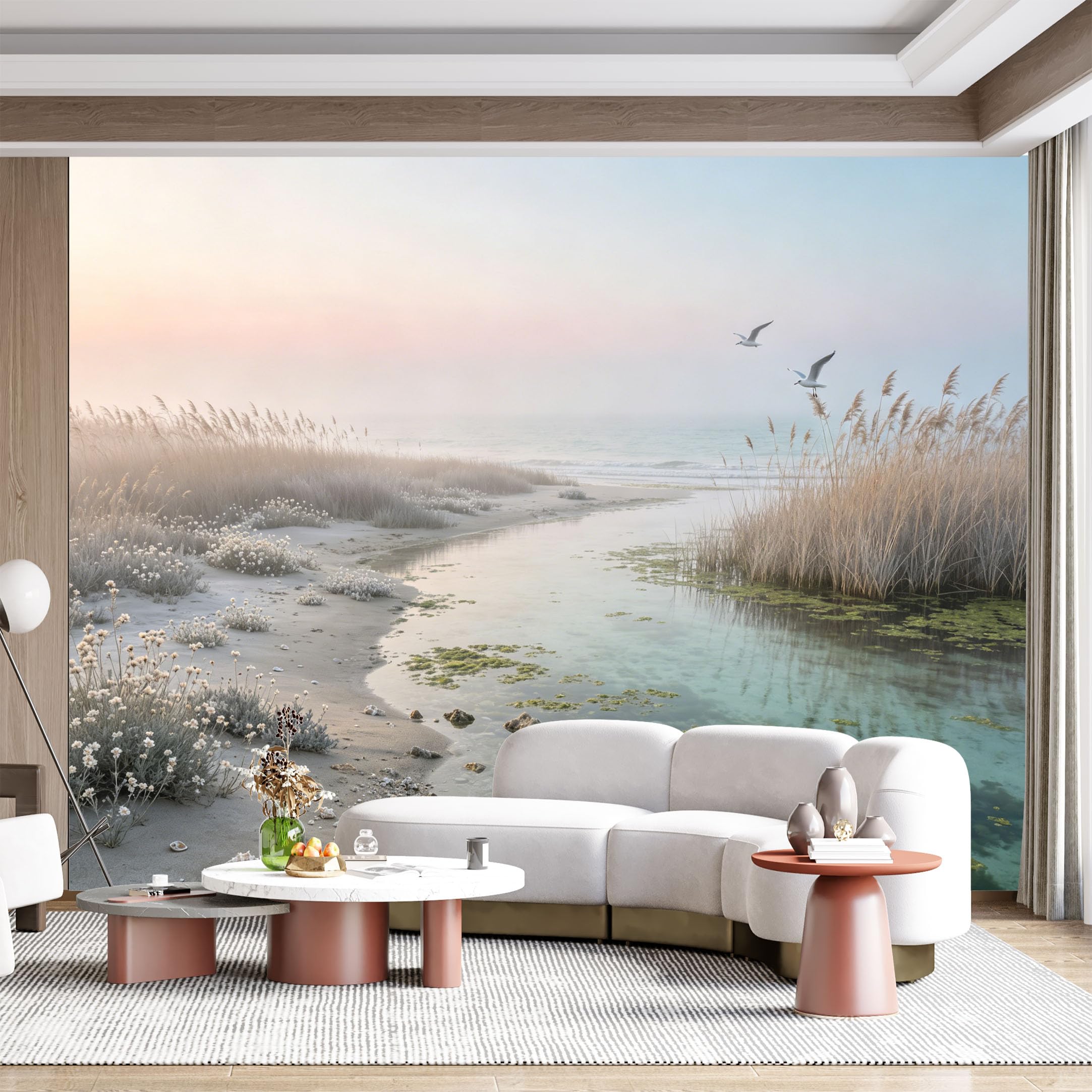 Custom Size Wall Mural Misty Coastal Seascape with Seagulls and Reeds Watercolor Effect SelfAdhesive Wall Fabric Removable for Home Office Decor